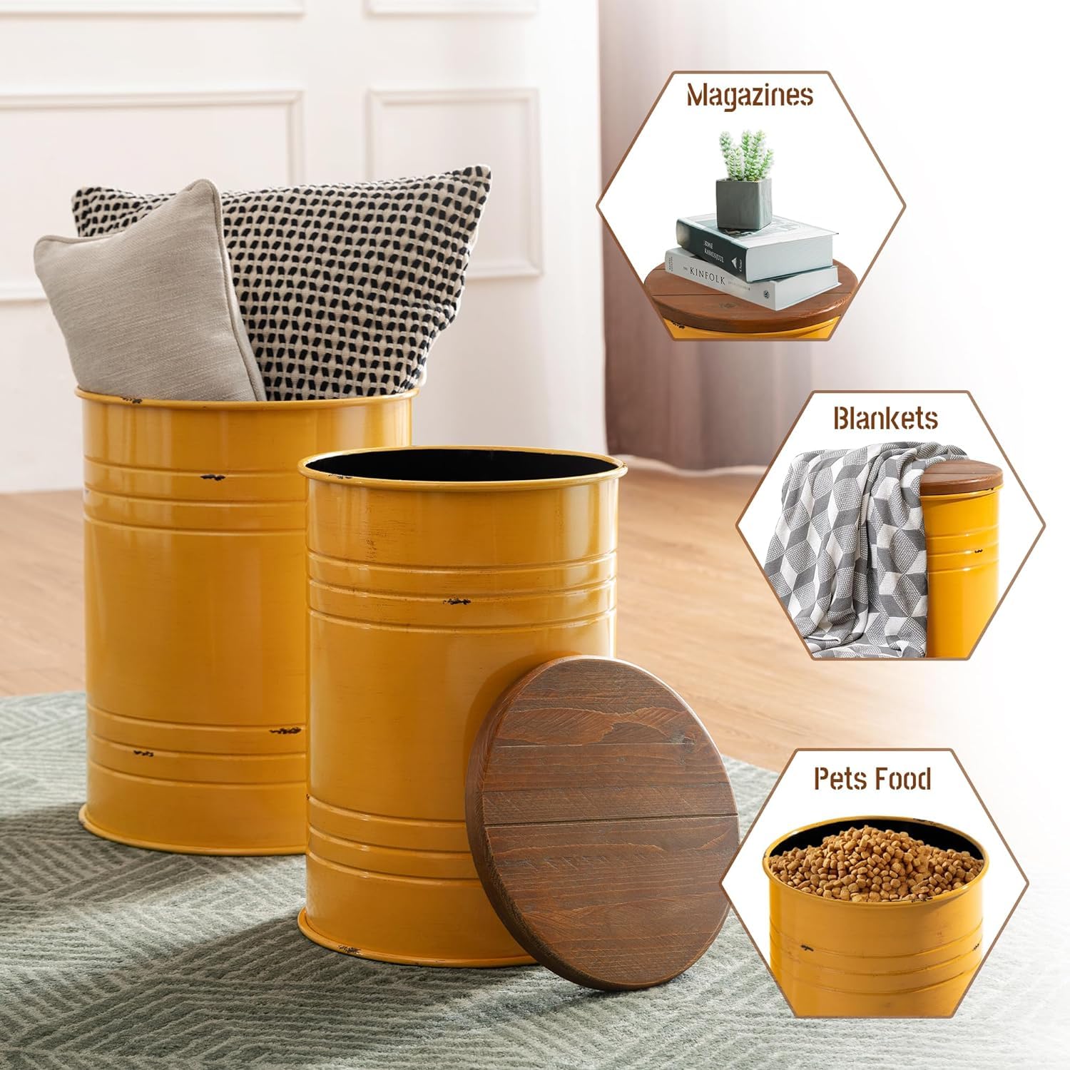 Glitzhome 2-Piece Farmhouse Nesting Tables with Storage Lids - Rustic Metal Barrel Side End Tables for Living Room, Bedroom, Office - Yellow Accent Stools | Perfect for Small Spaces, Coffee Table Alternatives & Home Decor