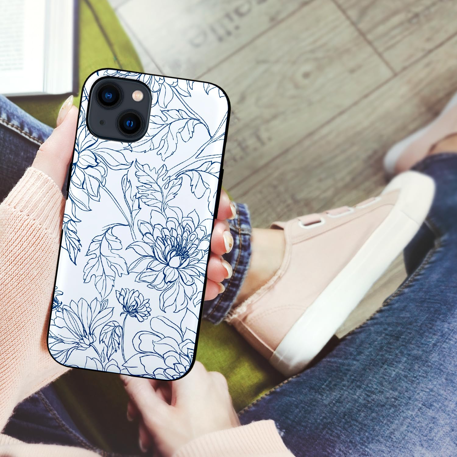 Qoosan Slim Protective iPhone 15 Case (6.1 inch) with Built-in Card Holder, Wallet & Kickstand - Floral Line Design - Perfect for Everyday Use, Travel & Hands-Free Viewing