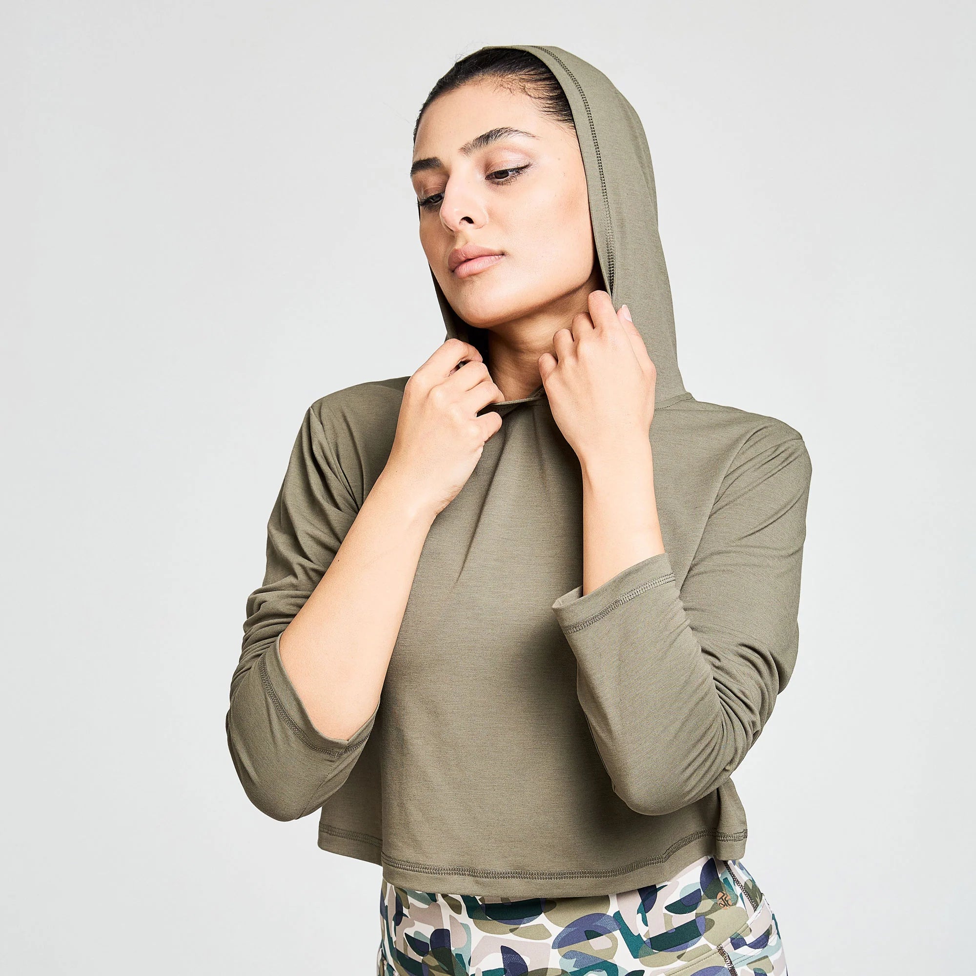 BAHE Zephyr Short Sleeve Boxy Hooded Tee for Women - Casual Oversized Hoodie in Khaki | Perfect for Streetwear, Loungewear & Everyday Outfits