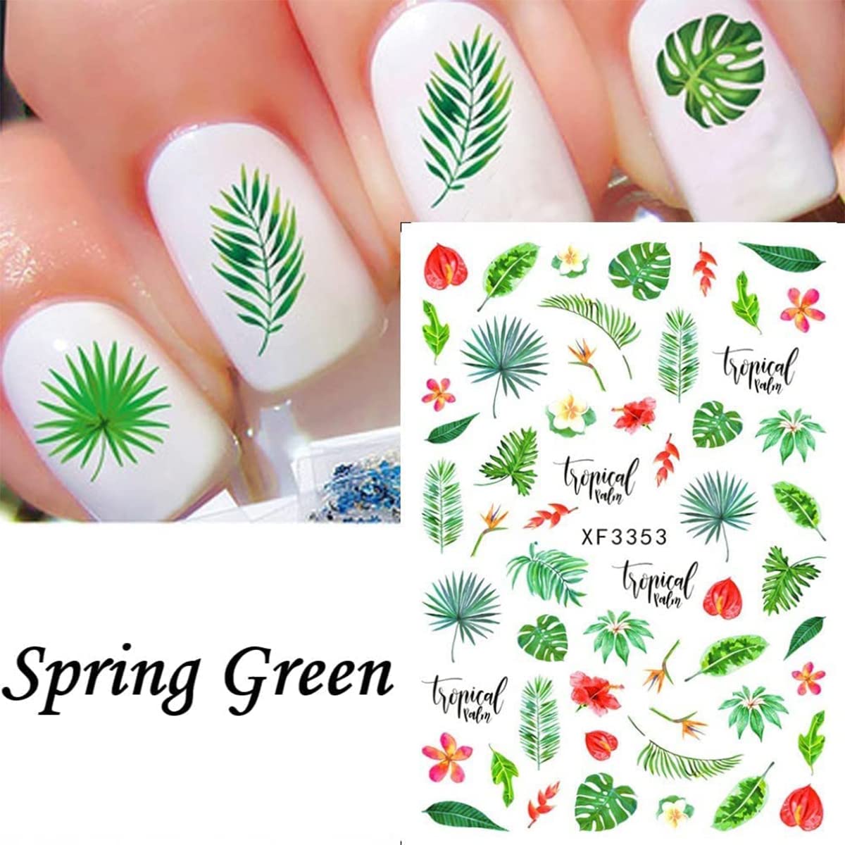 12 Sheets Summer Leaf Nail Art Stickers - 3D Self-Adhesive Nail Decals for Women, Palm Leaves & Clover Designs - Manicure Decorations & Nail Art Supplies | Perfect for Summer Nails, Beach Vacations & Tropical Themed Parties