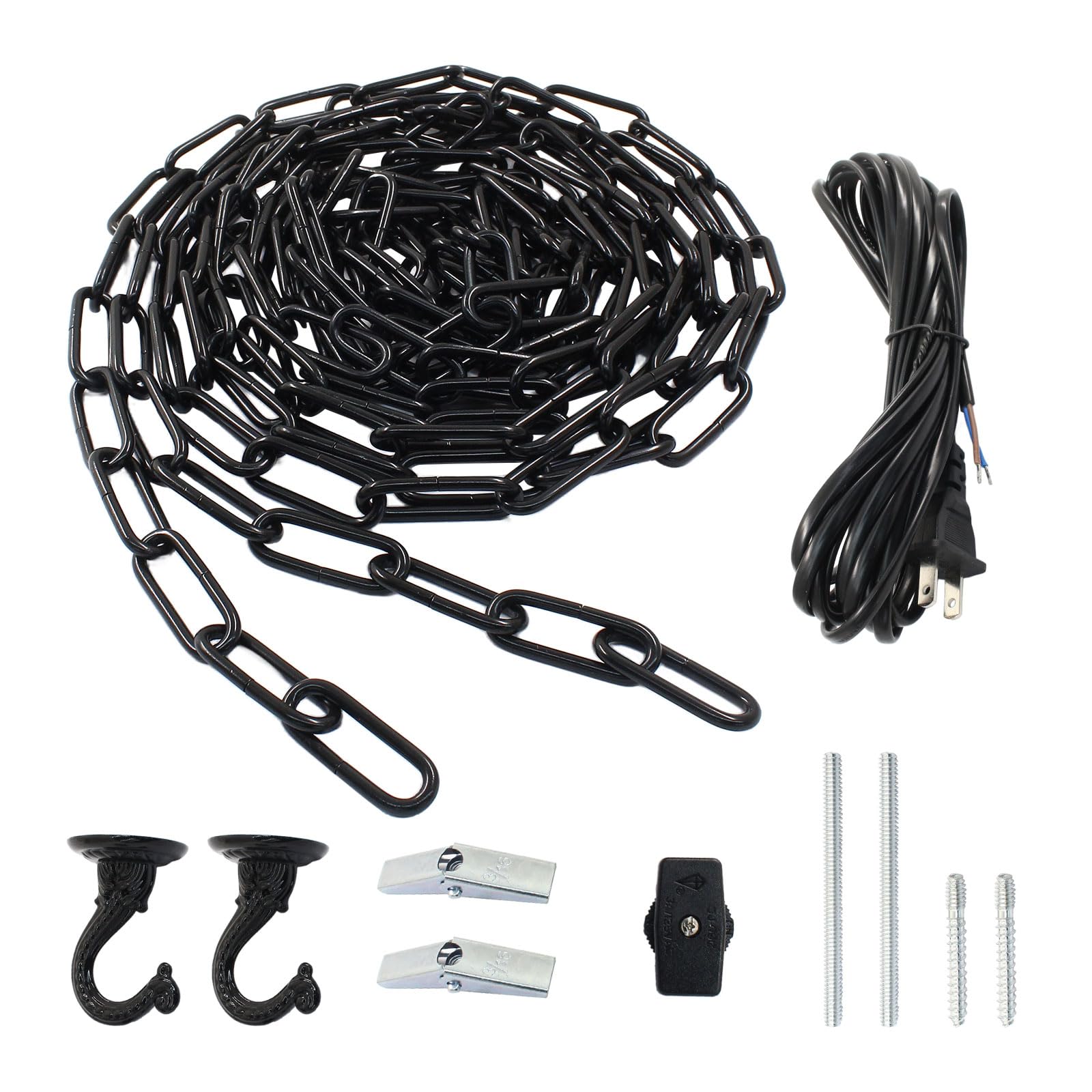 Swag Light Kit with 15 Ft Chandelier Chain & Cord - Includes Switch & 2 Hooks - Black Hanging Lamp Kit for Pendant, Ceiling & Fan Lights - Perfect for Bedroom, Living Room & Dining Room Lighting