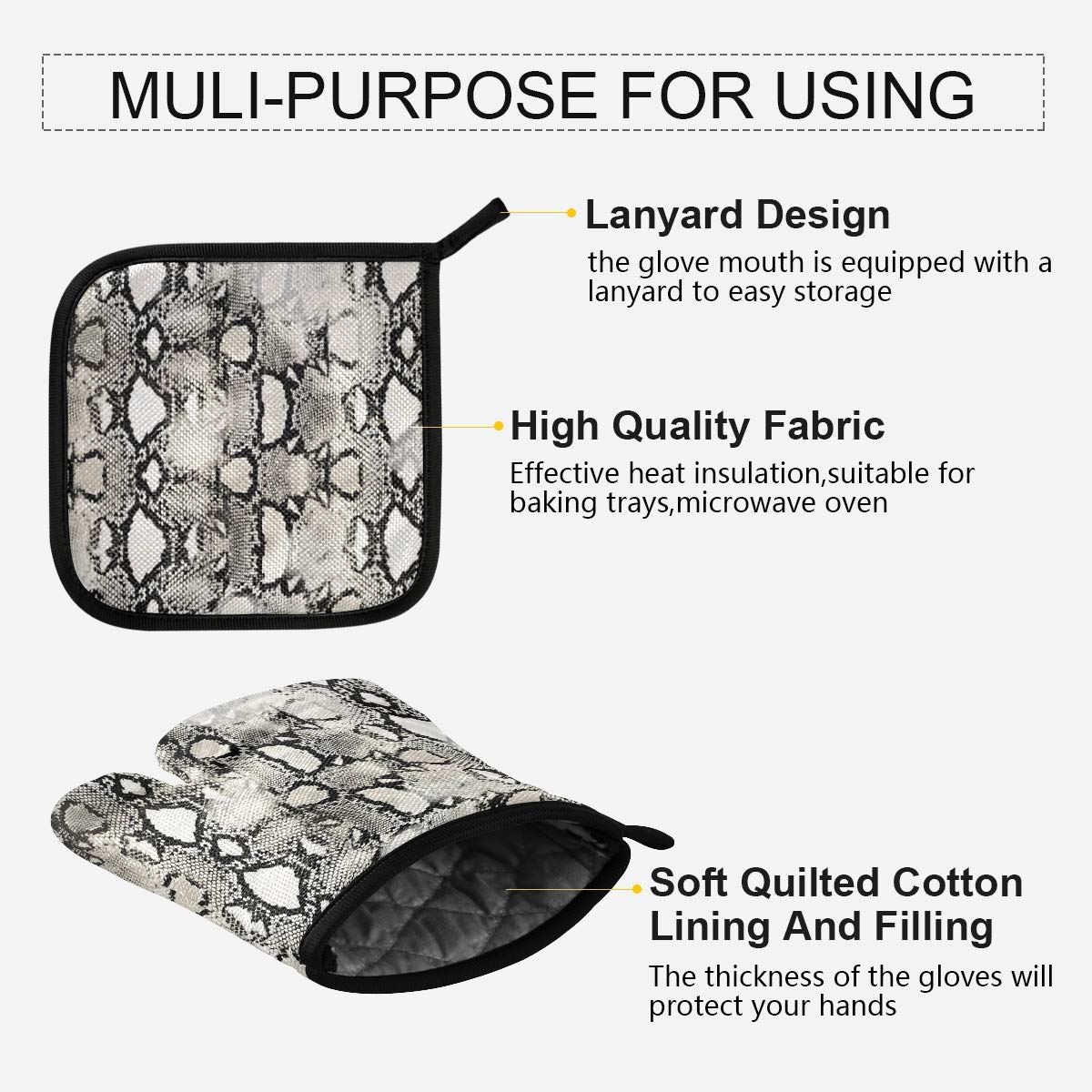 Gray Snake Print Oven Mitts and Pot Holders Set of 2 - Heat Resistant & Non-Slip Kitchen Gloves for Cooking, Baking, BBQ, Grilling - Perfect for Baking Cookies, Handling Hot Pans, and Outdoor Barbecues