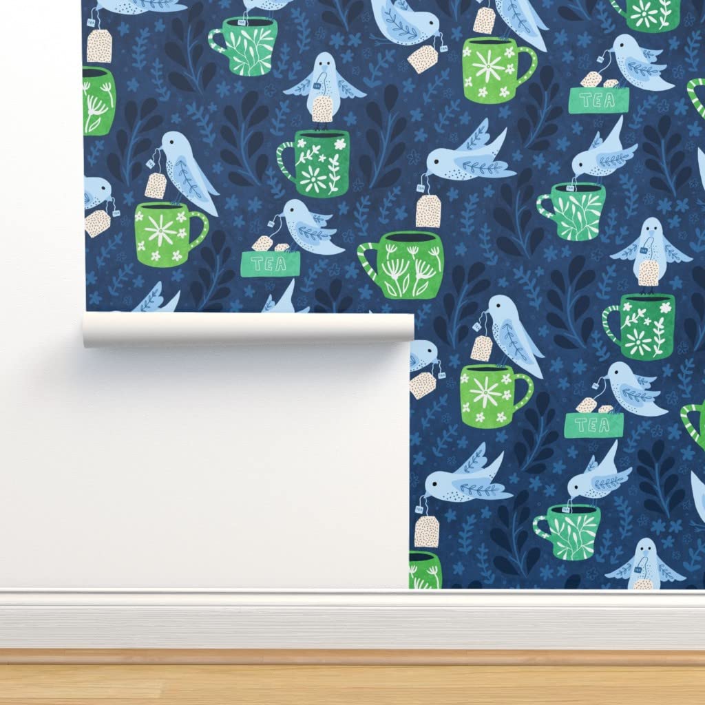 Peel & Stick Removable Wallpaper 12ft x 2ft - Tea Green Blue Birds Flying Design | Self-Adhesive Wall Decal for Bedroom, Nursery, Living Room & Office Decor