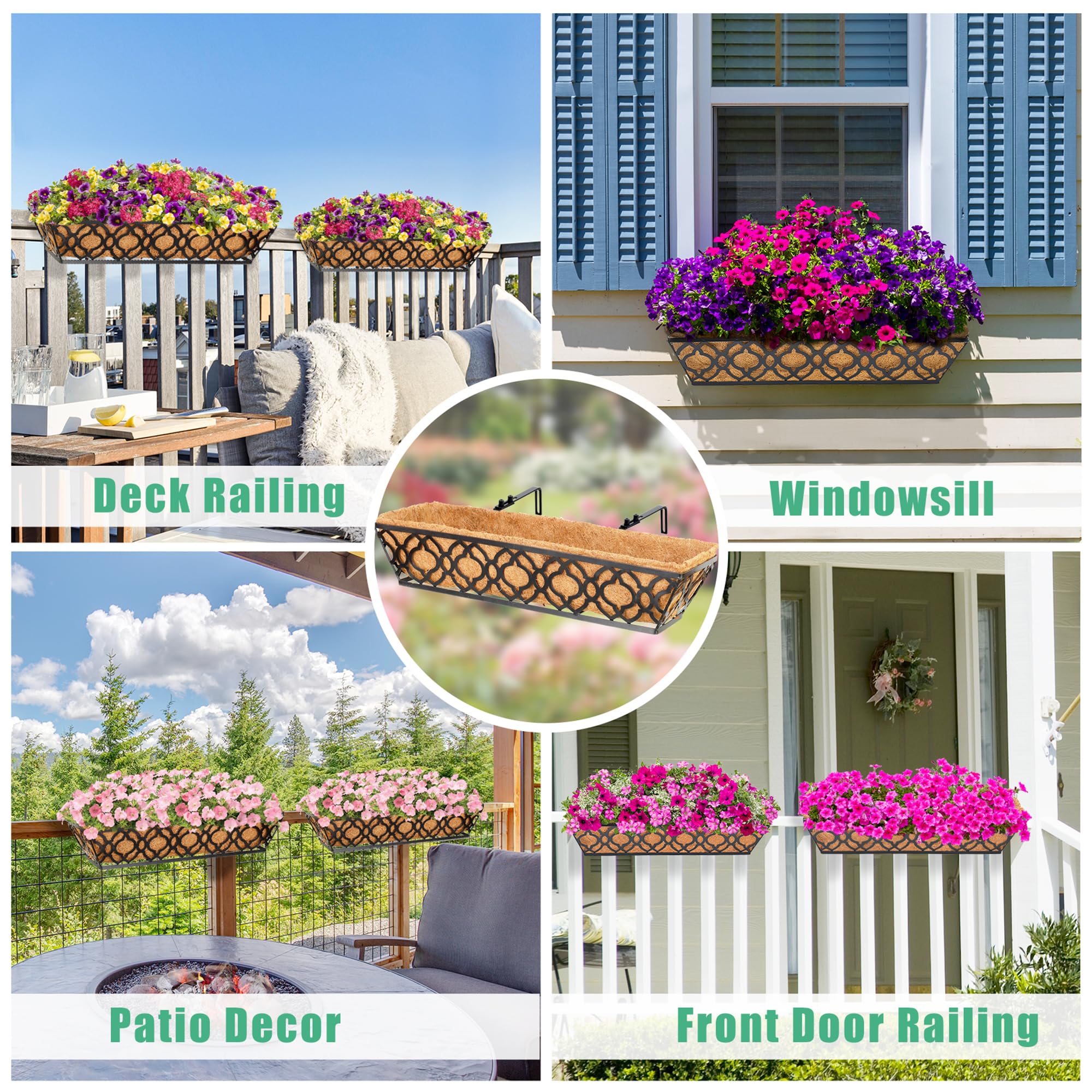 2 Pack 24 Inch Metal Window Box Planter with Coconut Coir Liner - Hanging Flower Basket for Deck, Railing, Indoor & Outdoor Use - Perfect for Herbs, Flowers, and Home Gardening Decor