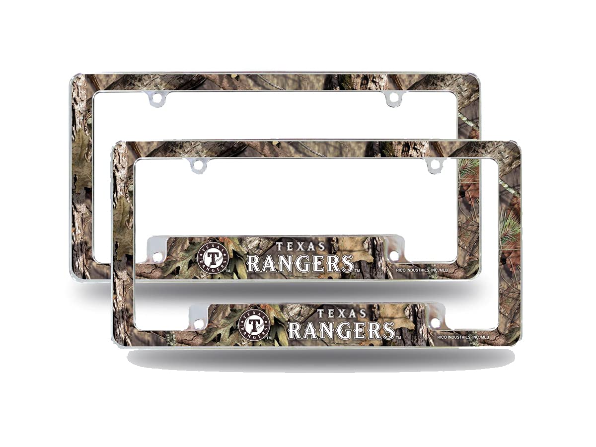 Texas Rangers Chrome Metal License Plate Frames (Set of 2) - Mossy Oak Camo Design - Durable Car Accessories for Trucks & SUVs - Perfect for Rangers Fans & Outdoor Enthusiasts