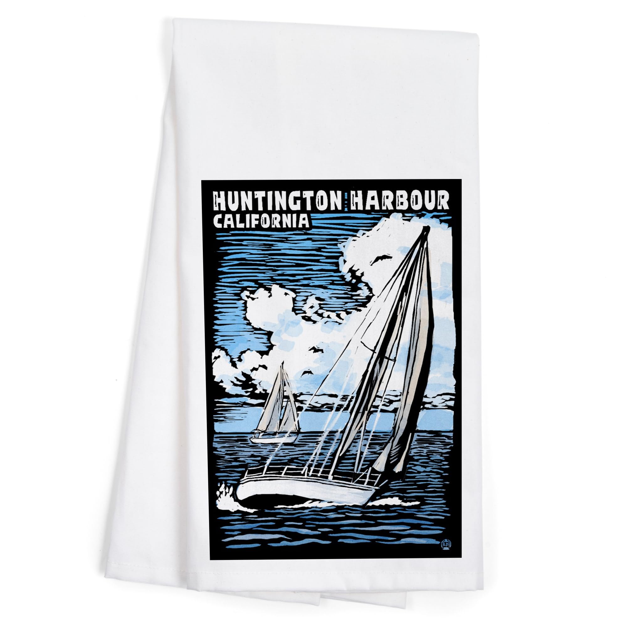 Lantern Press Huntington Harbour California Sailboat Scratchboard Tea Towel - 100% Cotton Decorative Hand Towel for Kitchen & Home - Perfect for Gifts, Dish Drying & Coastal Decor