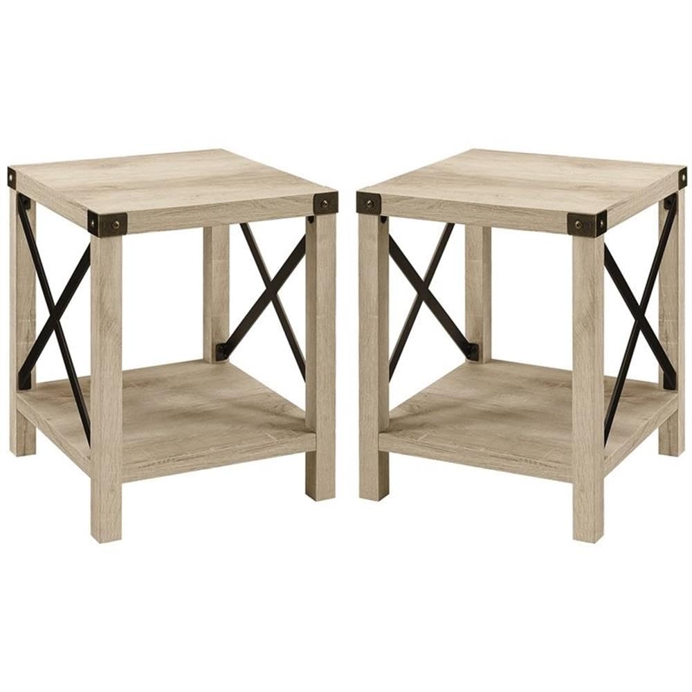 Pemberly Row Transitional Wood Metal-X End Table with Shelf in Oak (Set of 2) - Modern Side Table for Living Room, Bedroom & Office - Perfect for Coffee, Books & Decor
