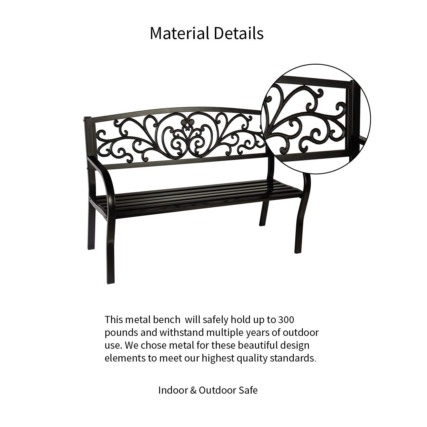 Evergreen Weatherproof Outdoor Bench for Garden, Patio, Porch & Park - Heavy Duty Steel Frame Supports 300 lbs - Perfect for Relaxing in Blooming Gardens, Decks & Outdoor Spaces - Black