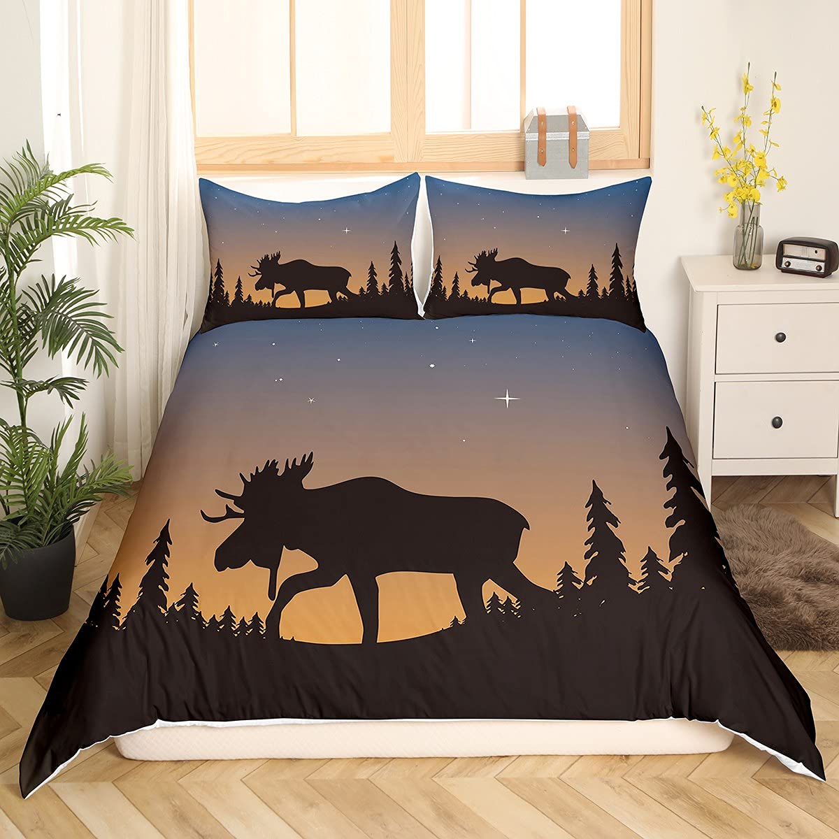 Feelyou Twin Size Moose Comforter Cover Set - Ombre Starry Twilight Design with Moose & Tree Silhouettes, 2-Piece Bedding (Duvet Cover + Pillowcase) in Charcoal Grey, Zipper Closure - Perfect for Cozy Cabin Retreats & Nature-Themed Bedrooms