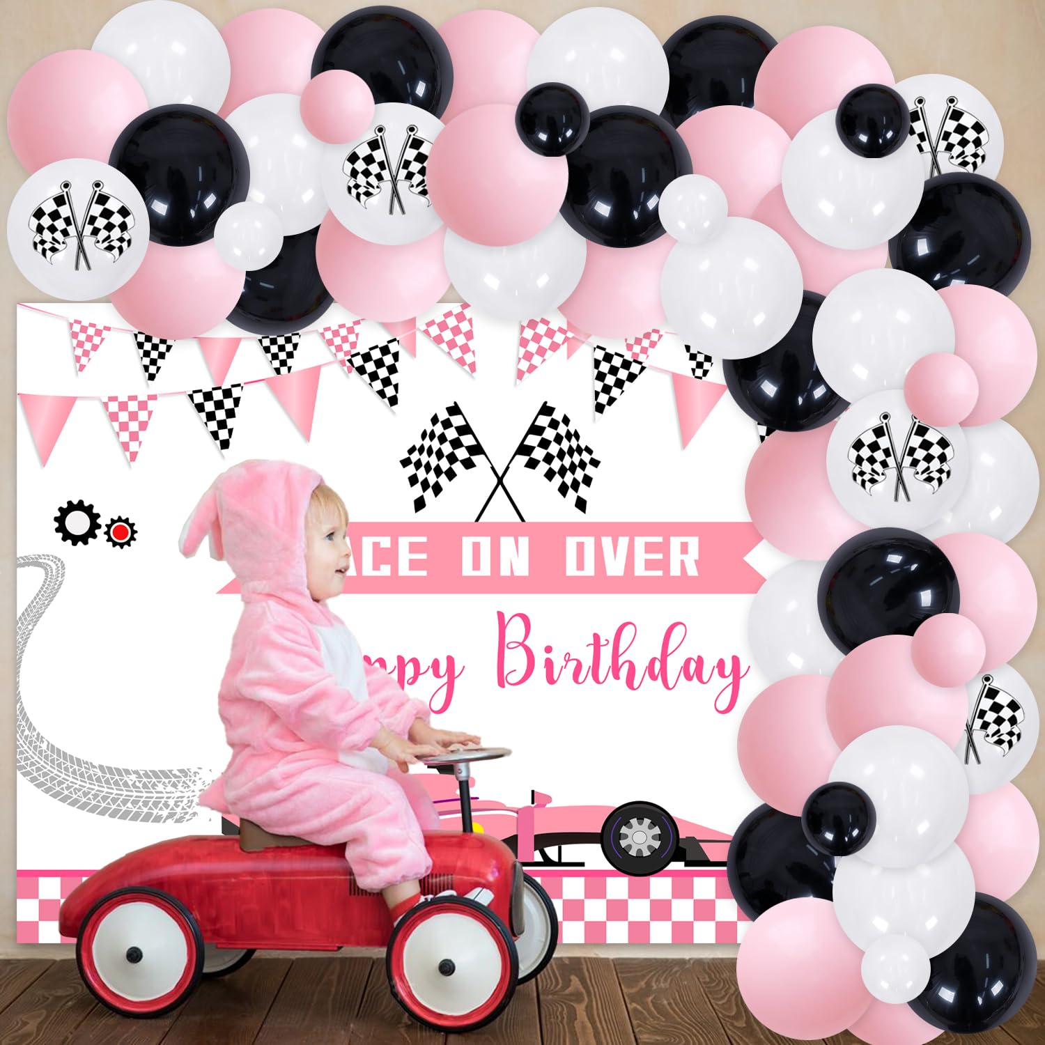 Pink Racing Car Birthday Party Decorations for Girls - Race Car Theme Backdrop, Balloon Garland Kit, Fast One Two Fast Party Supplies - Perfect for Kids Birthday Parties, Baby Showers & Race Car Themed Events