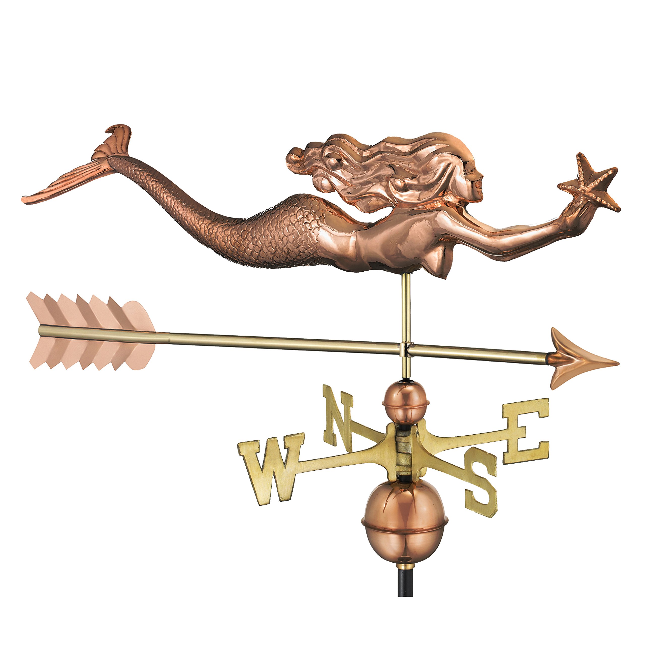 Good Directions Pure Copper Mermaid with Starfish and Arrow Weathervane - Coastal Home Decor, Garden Accent & Nautical Themed Gift