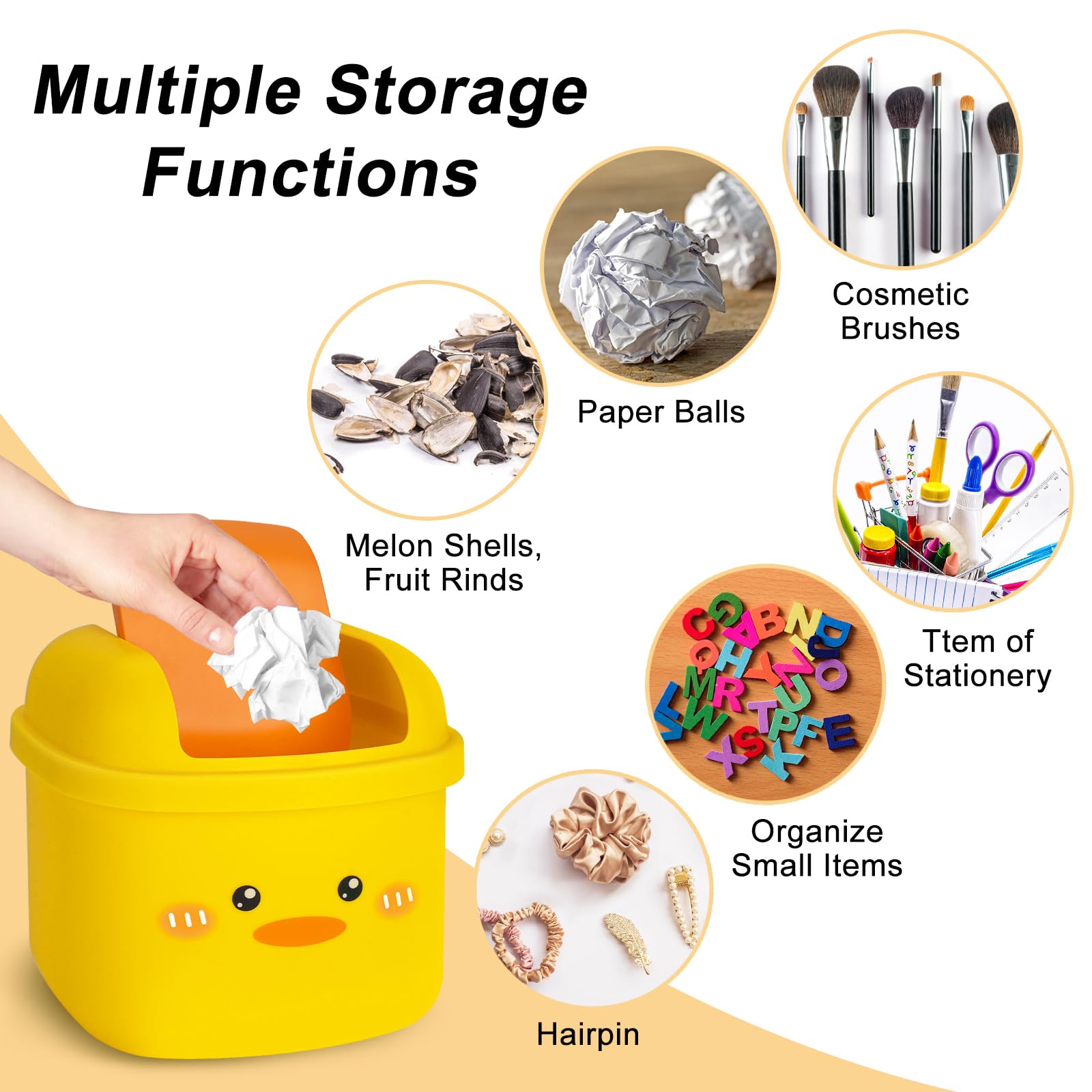 Cute Small Trash Can with Flip Lid - Mini Desktop Garbage Bin in Kawaii Cartoon Animal Shape for Bedroom, Bathroom, Kitchen & Office - Perfect for Home, Dorm, Desk & Vanity Organization (Yellow)