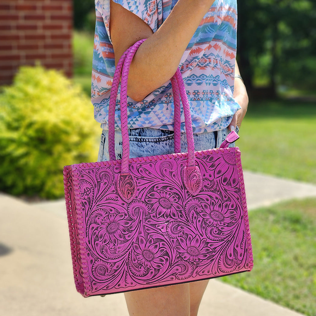 American Darling Fully Tooled Pink Leather Tote Bag for Women - Stylish Handbag for Work, Travel & Everyday Use