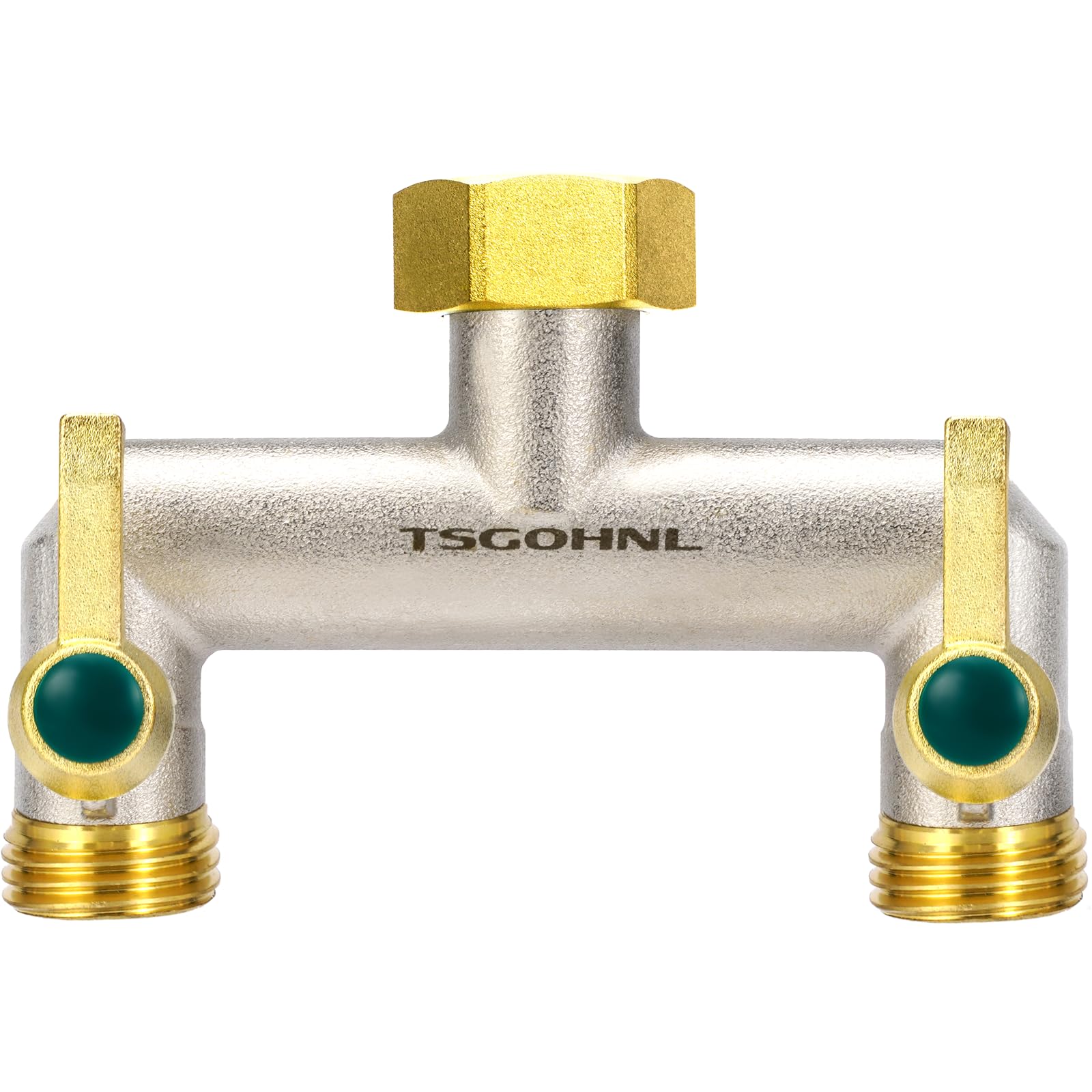 Heavy Duty Brass Garden Hose Splitter - 2-Way Faucet Splitter with Extended Metal Handles, 3/4-Inch GHT Hex Female Inlet & Male Outlet, Nickel Plated - Perfect for Outdoor Watering, Lawn Care & Garden Irrigation