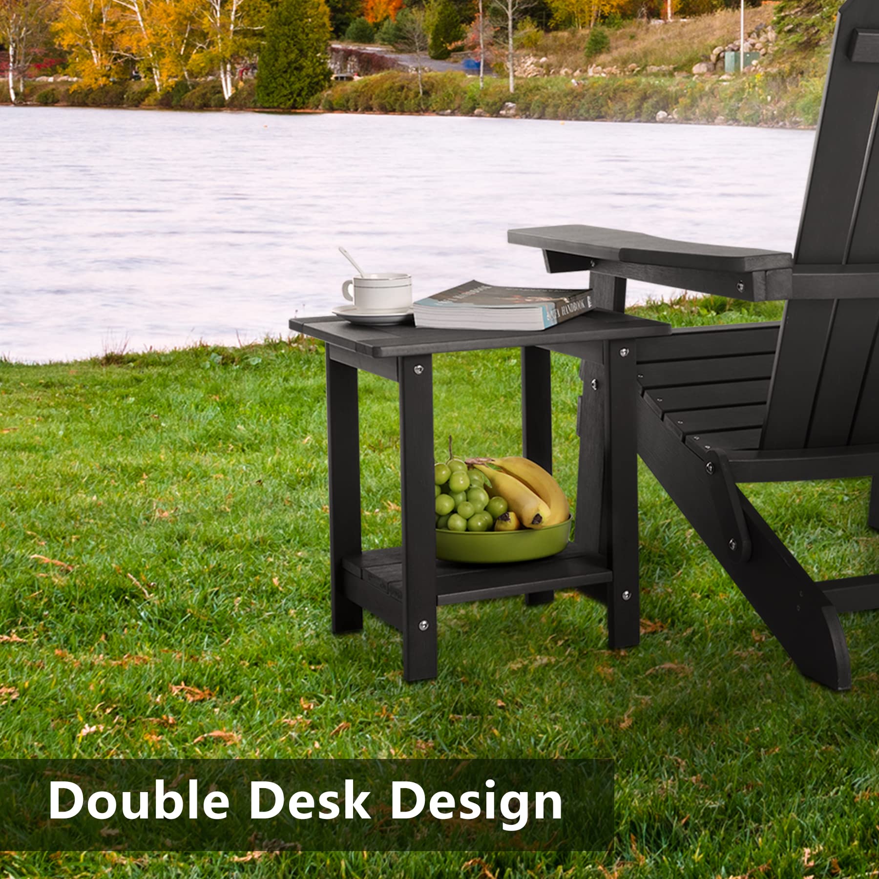 Weather-Resistant Double Adirondack Side Table - Black Wood Grain Outdoor Rectangular End Table for Patio, Garden & Poolside with Adirondack Chairs