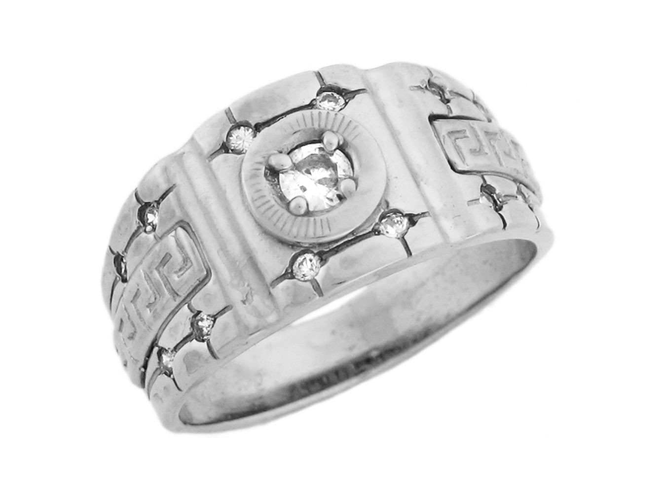 14K White Gold Men's CZ Ring with Greek Key Design - Elegant Wedding Band, Anniversary Gift for Him, Perfect for Special Occasions & Everyday Wear