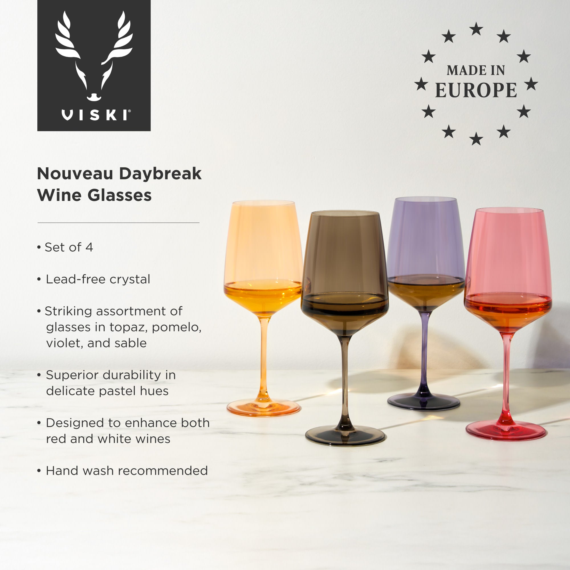 Premium Reserve Nouveau Crystal Wine Glasses Set of 4 - Elegant Daybreak Color for Red & White Wines - Perfect for Dinner Parties, Weddings & Romantic Date Nights
