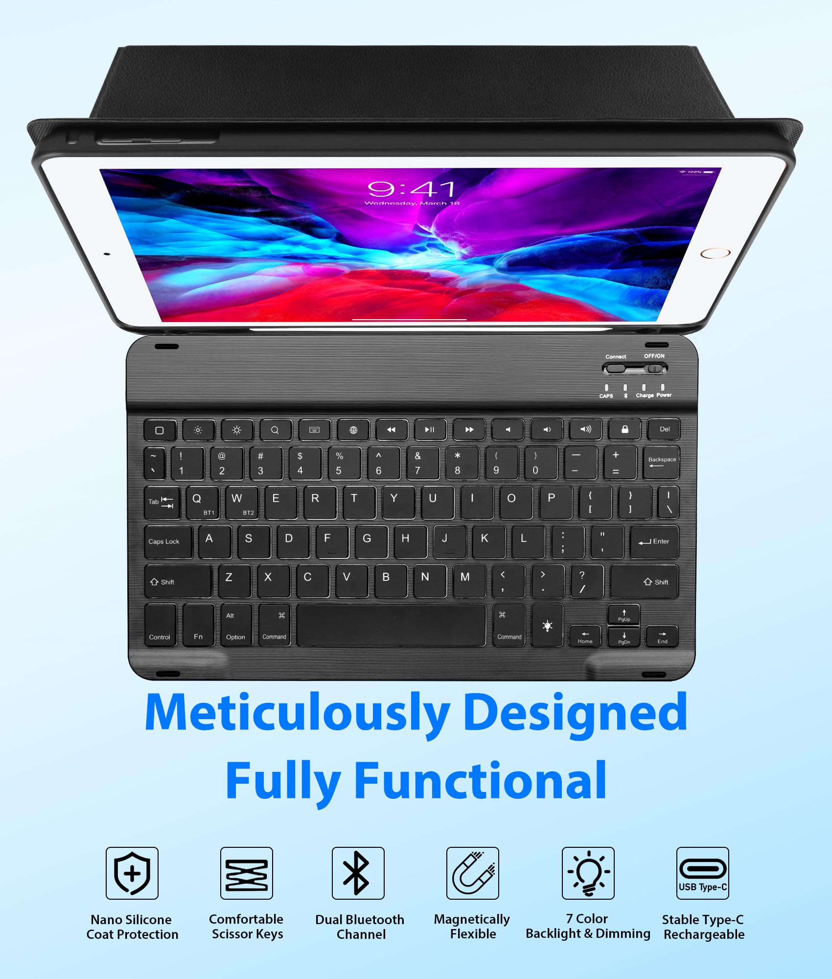 Eocean 7-Color Backlit Detachable Bluetooth Keyboard Case for iPad 9.7 6th/5th Gen (2018/2017), iPad Air 2 & iPad Pro 9.7 - 2 Bluetooth Channels, Smooth Stain-Resistant Cover - Perfect for Work, Study & Travel