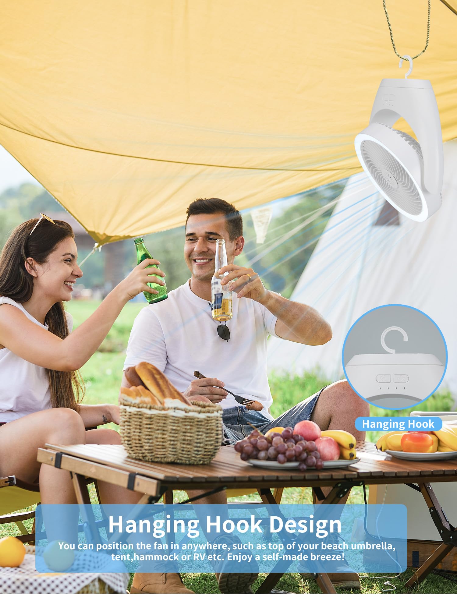 Rechargeable 12000mAh Battery Operated Desk Fan - Portable Camping Fan with LED Light, 3 Speed Quiet Cooling Fan for Bedroom, Office, Home & Outdoor Use | Perfect for Travel, Camping, Work & Nighttime Breeze