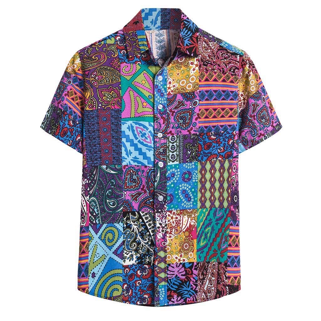 VEKDONE Men's Casual Short Sleeve Button Down Shirt - Hippie Style Vertical Striped Poplin T-Shirt for Summer | Beach Wear, Music Festivals & Outdoor Activities