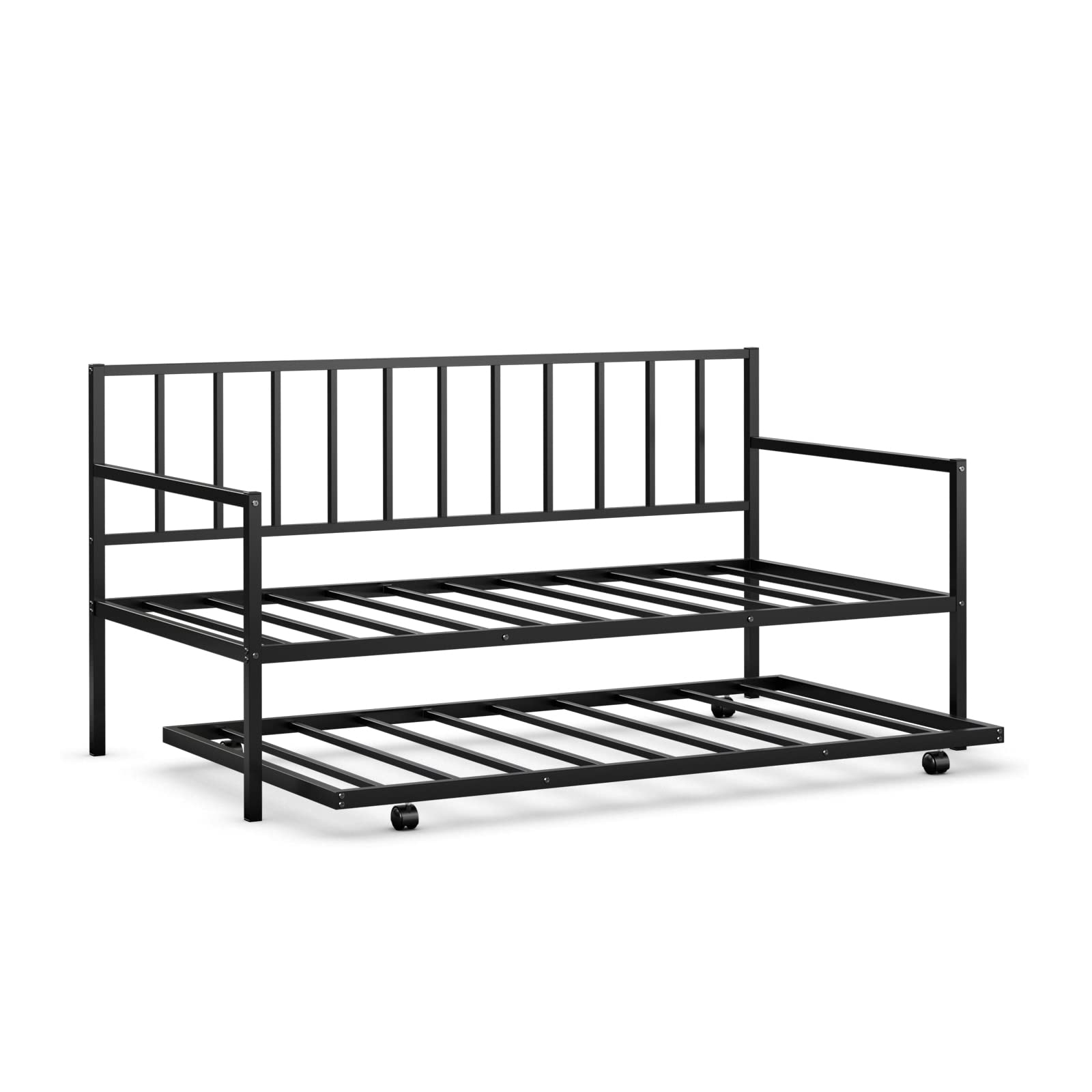 KOMFOTT Twin Daybed with Trundle - Sturdy Metal Bed Frame Set with Wheels & Slat Support, No Box Spring Needed - Space Saving Sofa Bed for Living Room, Guest Room & Small Spaces - Perfect for Sleepovers, Home Office & Multi-Purpose Use