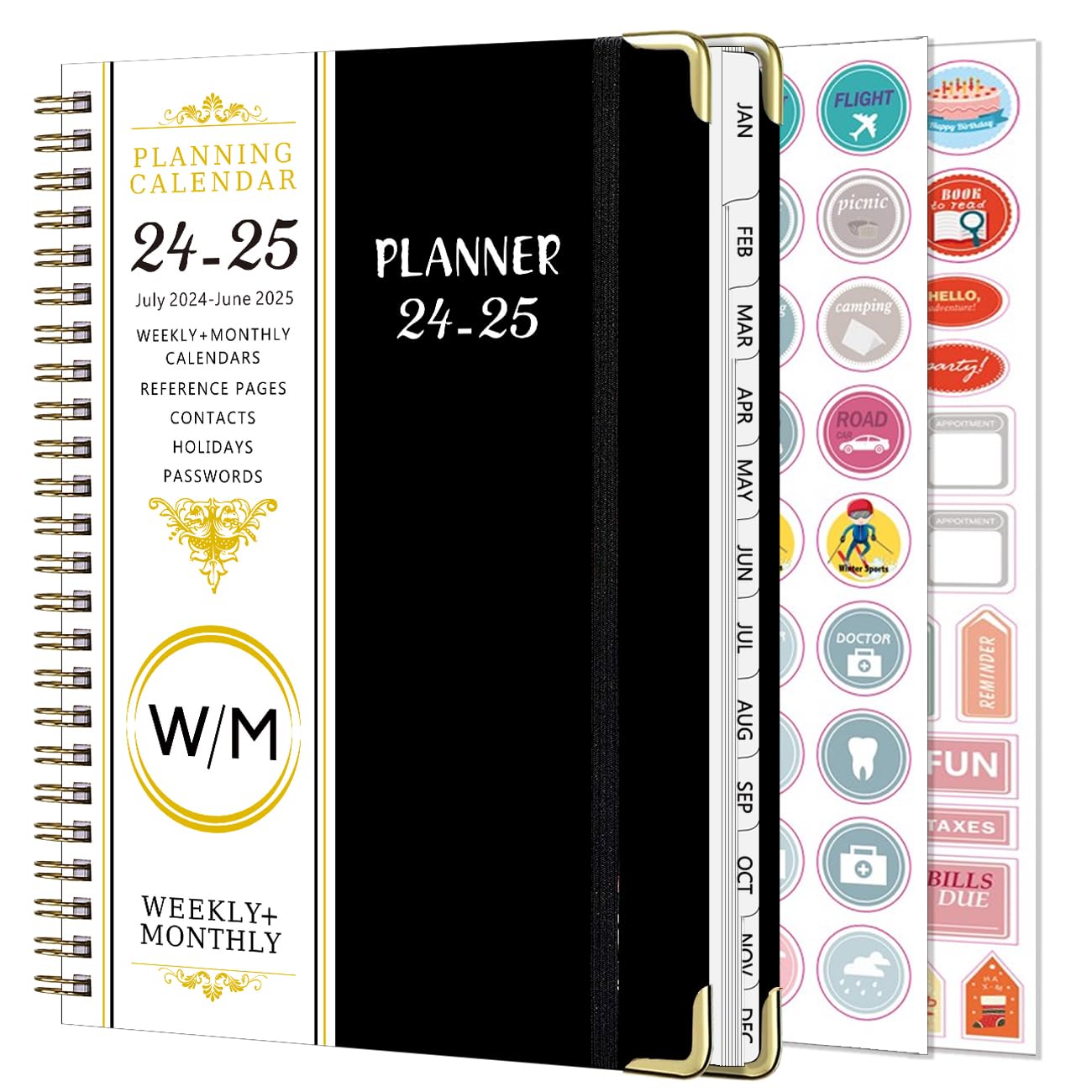 2024-2025 Spiral Weekly Planner - A5 Academic School Planner July 2024 to June 2025 (12 Months) with Stickers & Foldable Storage Pouch, Perfect for Students, Teachers & Office Organization (Black 24-25)