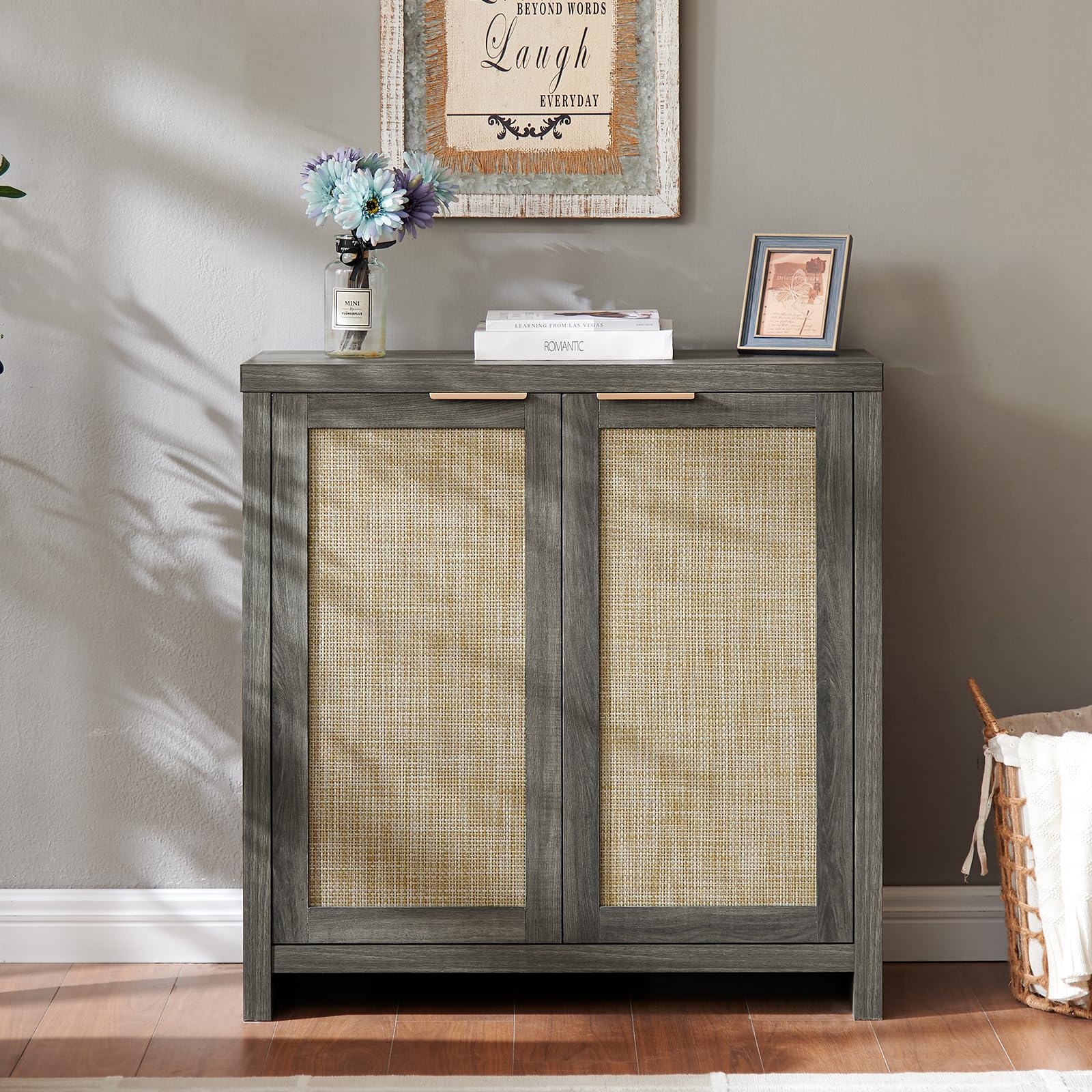 Hampstead Storage Sideboard Cabinet with Rattan Doors & Adjustable Shelves - Buffet Kitchen Cabinet, Cupboard Console for Living Room, Dining Room & Entryway Storage Solution