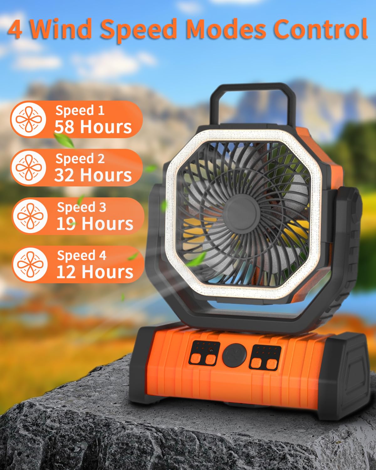 ADUST 20000mAh Rechargeable Battery Powered Camping Fan with LED Lantern - Portable Oscillating Fan with 360° Rotation & Hanging Hook - USB Desk Fan for Tent, Bedroom, Office, Outdoor Adventures (Orange)