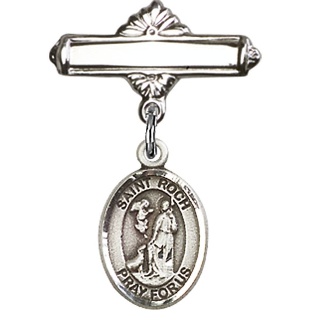Sterling Silver Baby Badge with St. Roch Charm - 1 X 5/8 Inch Polished Pin for Christening, Baptism & First Communion Gifts | Religious Jewelry for Newborns & Infants