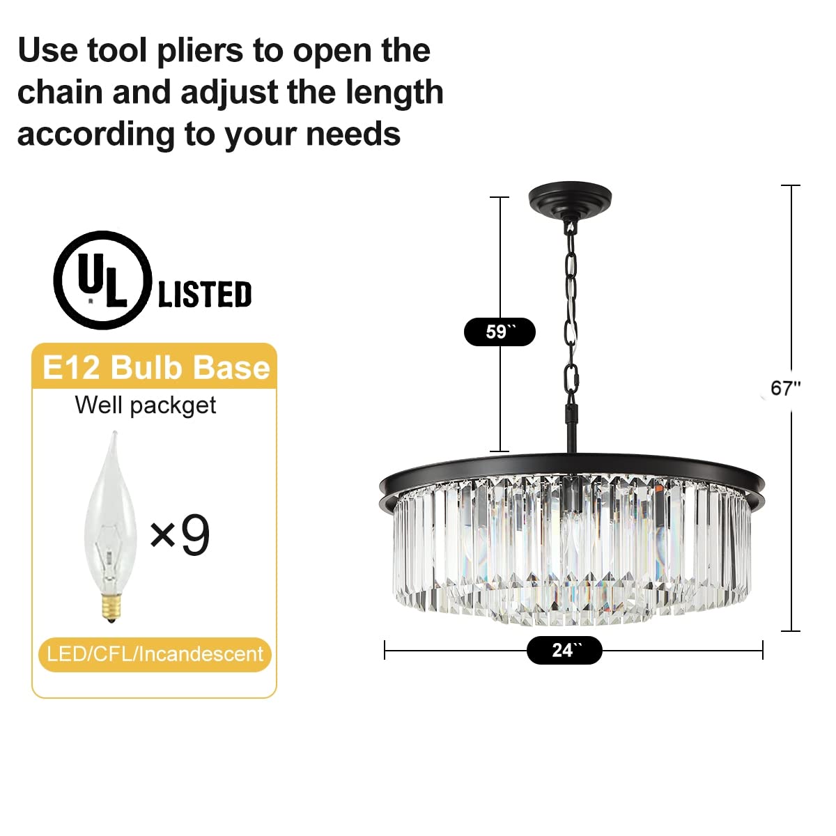 Modern Black Crystal Chandelier - 9-Light 3-Tier Raindrop Ceiling Light Fixture for Dining Room, Living Room & Bedroom - 24 Inch Diameter Luxury Lighting - Perfect for Home Decor, Wedding Venues & Restaurant Ambiance