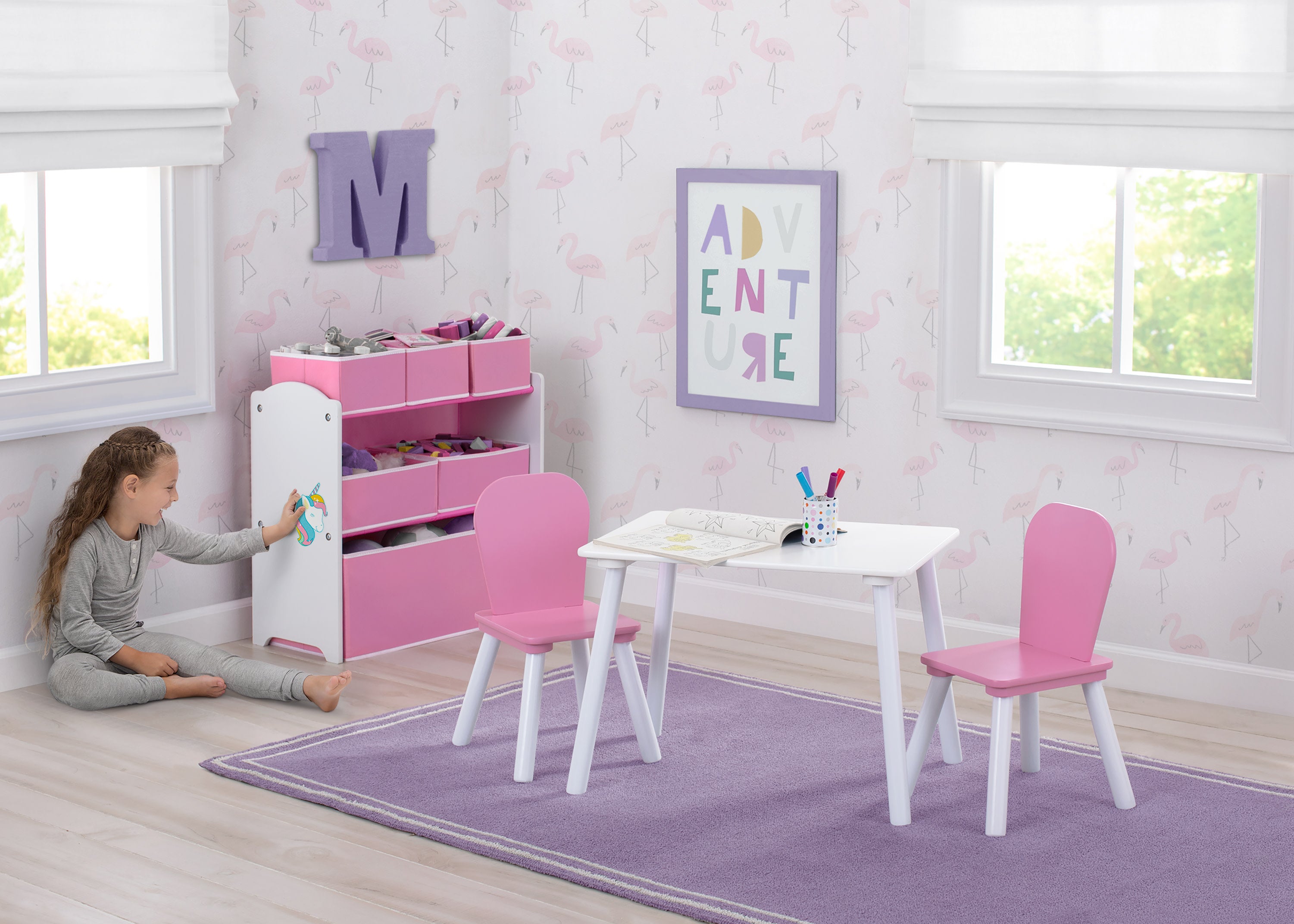 4 Piece Toddler Playroom Set - Kids Activity Table with 6 Bin Toy Storage Organizer & Reusable Vinyl Wall Stickers - Perfect for Preschool Learning, Daycare Centers & Home Play Areas