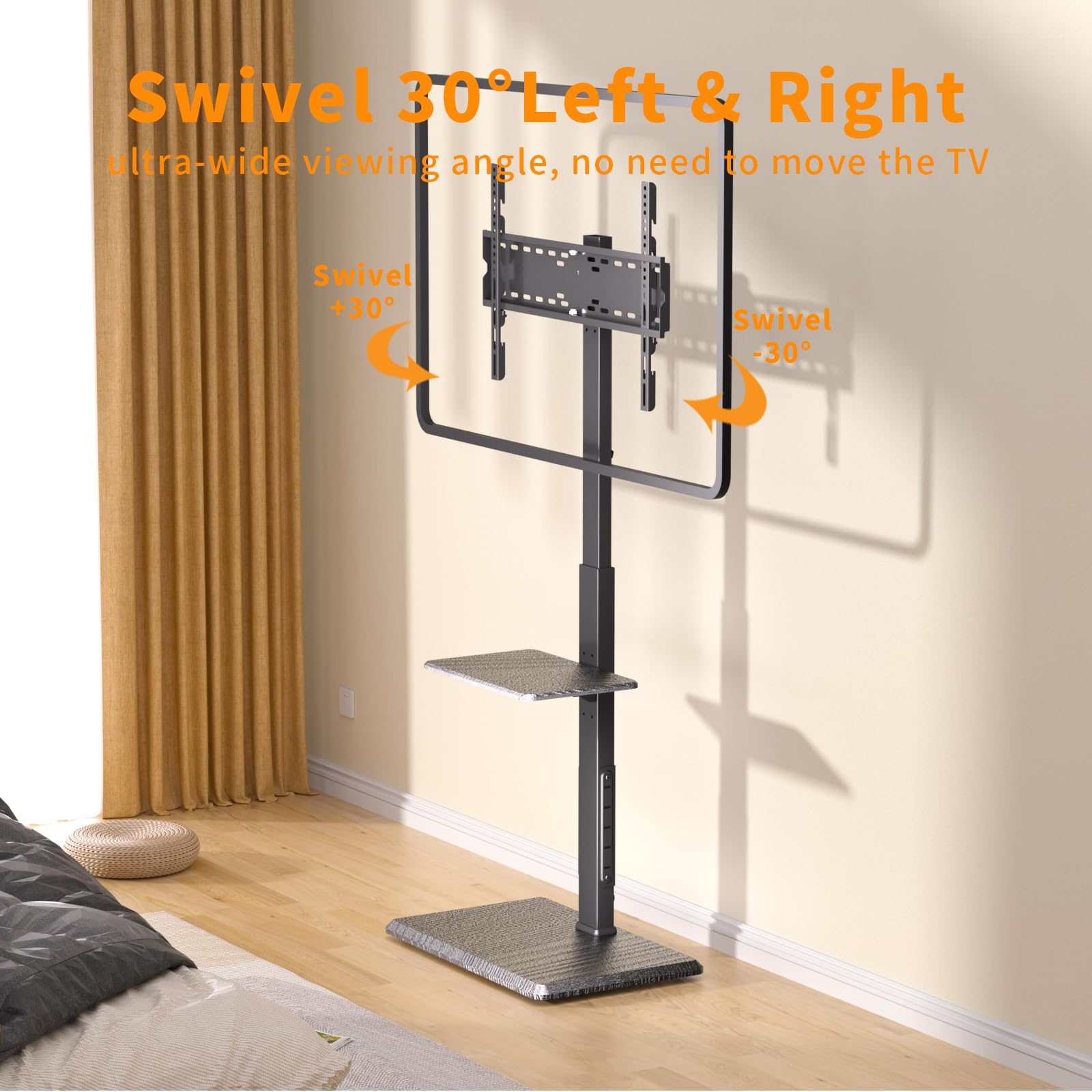 Universal TV Floor Stand for 32-75 Inch TVs up to 110 lbs - Adjustable Height & Swivel Base with Power Outlet & Removable Shelf - Sturdy TV Mount Stand for Living Room, Bedroom, Office (TCP01-2-M-A01)