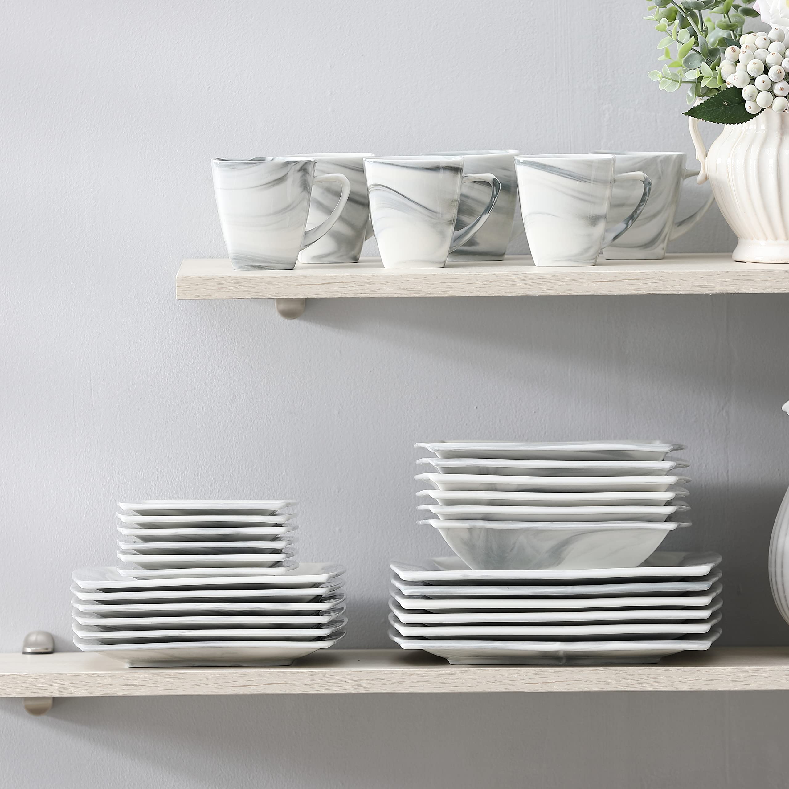 MALACASA 30-Piece Porcelain Dinnerware Set for 6 - Square Plates, Bowls, Cups & Saucers | Modern Microwave Safe Dish Set in Marble Grey (Series Blance) - Perfect for Family Dinners, Entertaining Guests & Everyday Use
