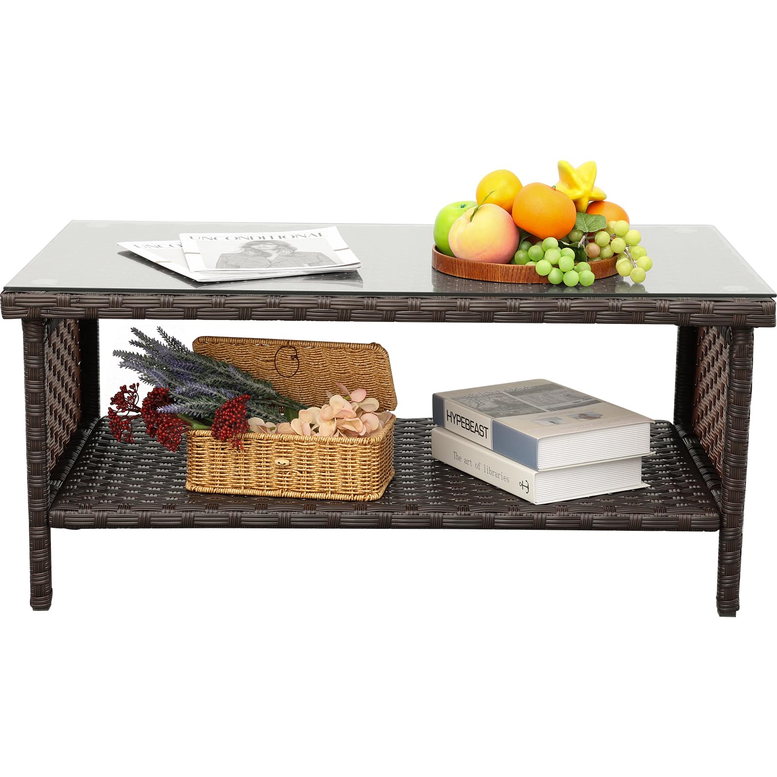 Outdoor Wicker Coffee Table - 2-Tier Rattan Patio Furniture with Glass Top & Storage Space, Includes Weatherproof Cover - Perfect for Garden, Balcony, Poolside & Backyard Relaxation (Brown)