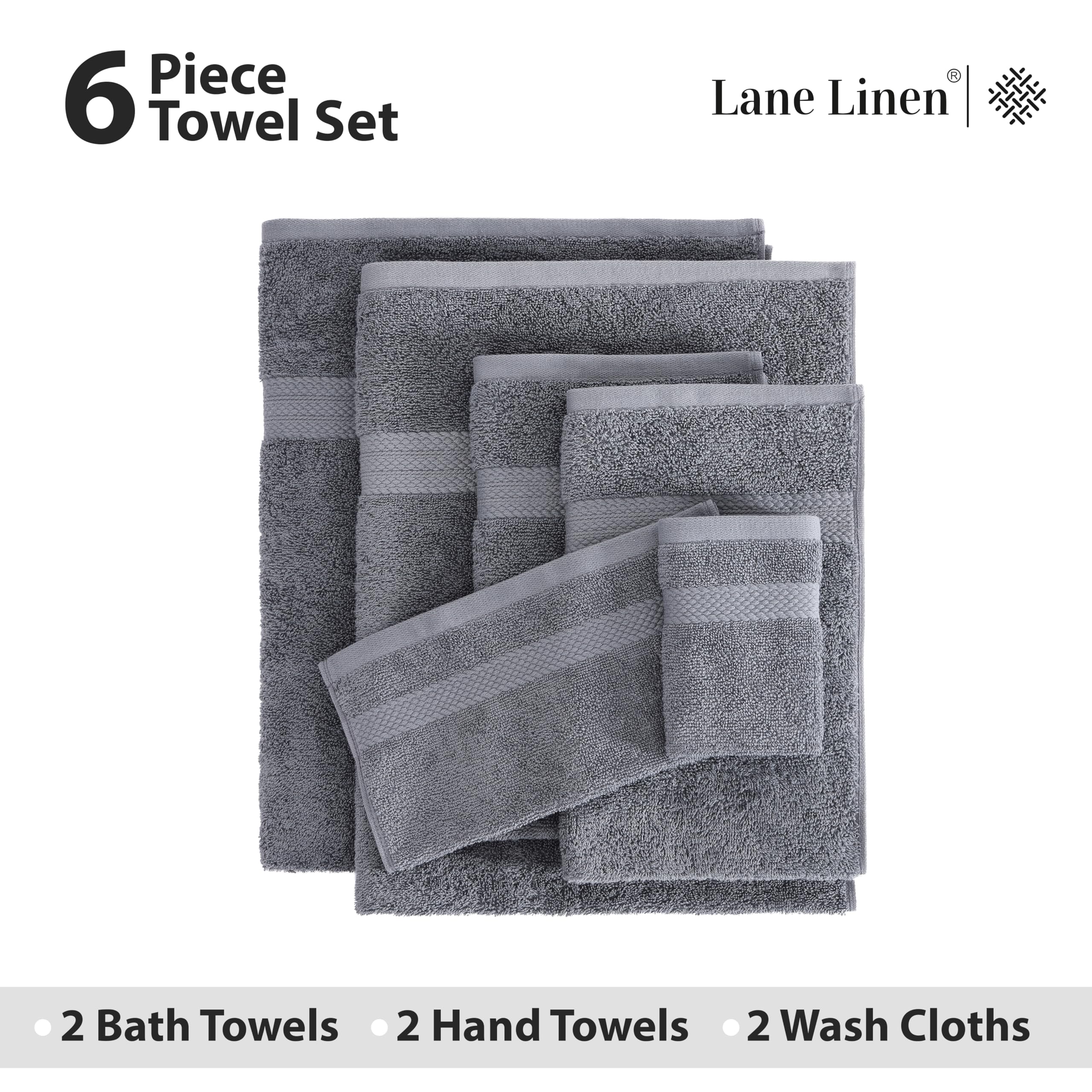 Premium 100% Cotton Bath Towels Set of 6 - Extra Large Hotel Quality Towels (2 Bath, 2 Hand, 2 Washcloths) | Soft & Absorbent for Spa, Gym & Luxury Bathroom | Cool Grey