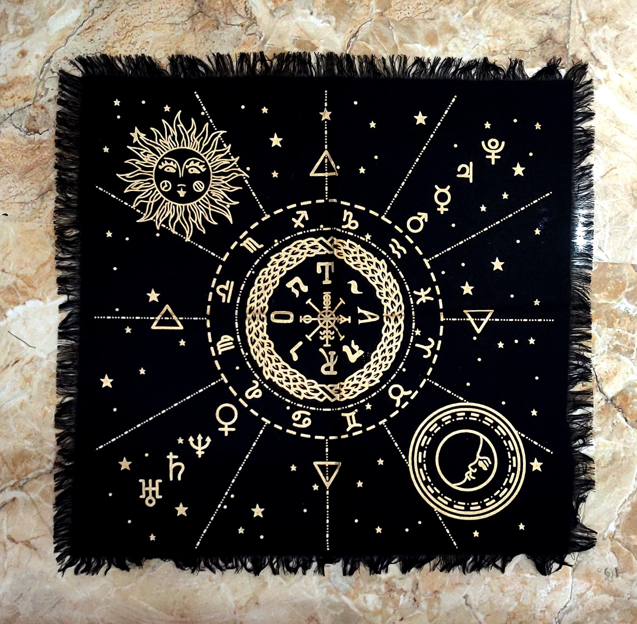 INDACORIFY Celestial Constellation Altar Cloth - 18x18 Inch Golden Tarot Spread with Fringes for Witchcraft, Wicca & Spiritual Practices | Perfect for Rituals, Divination & Sacred Space Decor