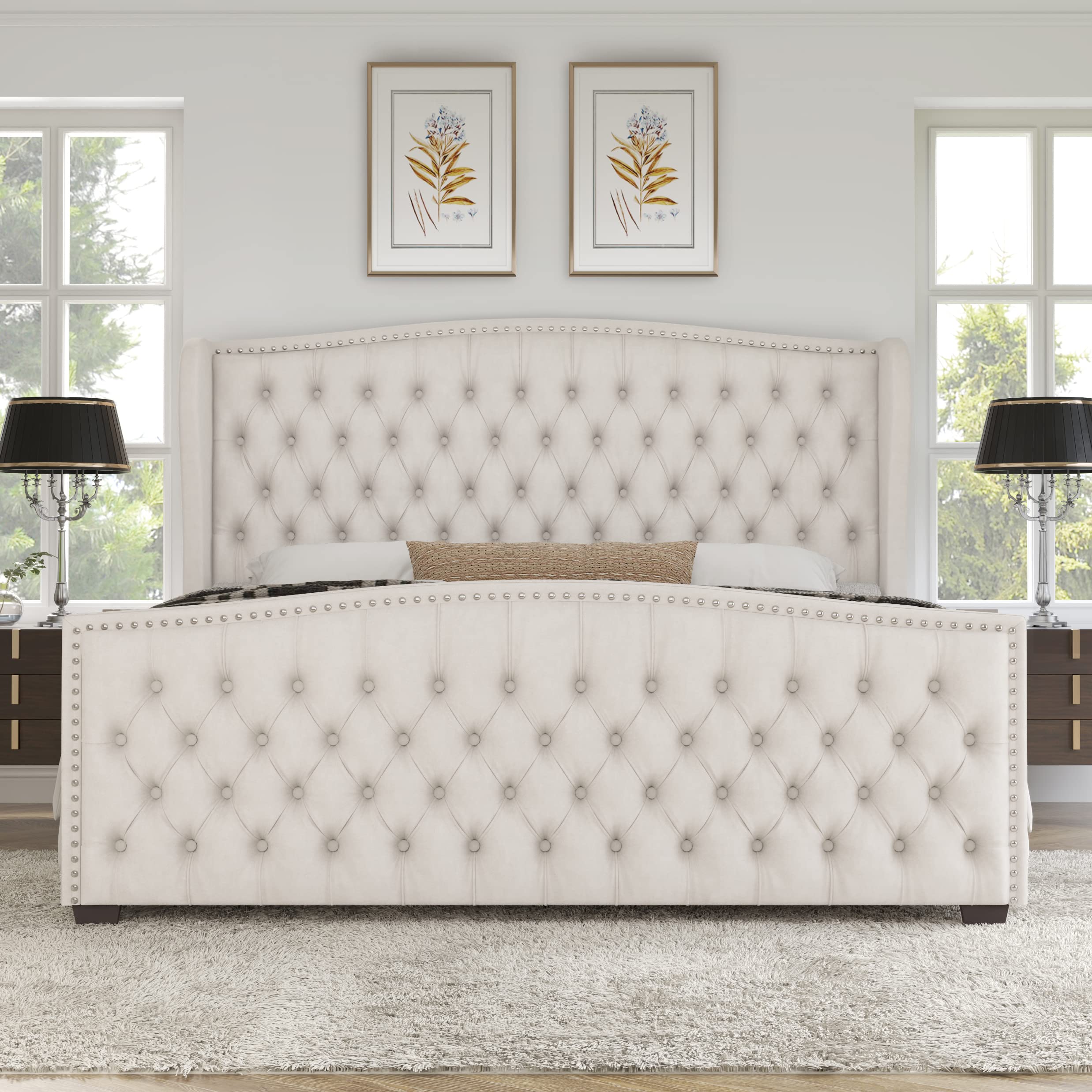 AMERLIFE Queen Size Velvet Upholstered Platform Bed Frame with Button Tufted Headboard & Nailhead Trim - No Box Spring Needed in Cream | Modern Bedroom Furniture for Master Suite, Guest Room & Apartment