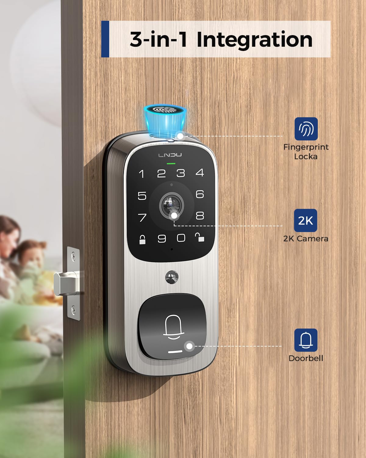 Smart Lock with 6-in-1 Camera, Doorbell & Fingerprint Keyless Entry - WiFi Front Door Lock with 32GB eMMC, 2K HD Doorbell Camera, App Control, PIR Motion Detection & Built-in Chime | Perfect for Home Security & Smart Access Control