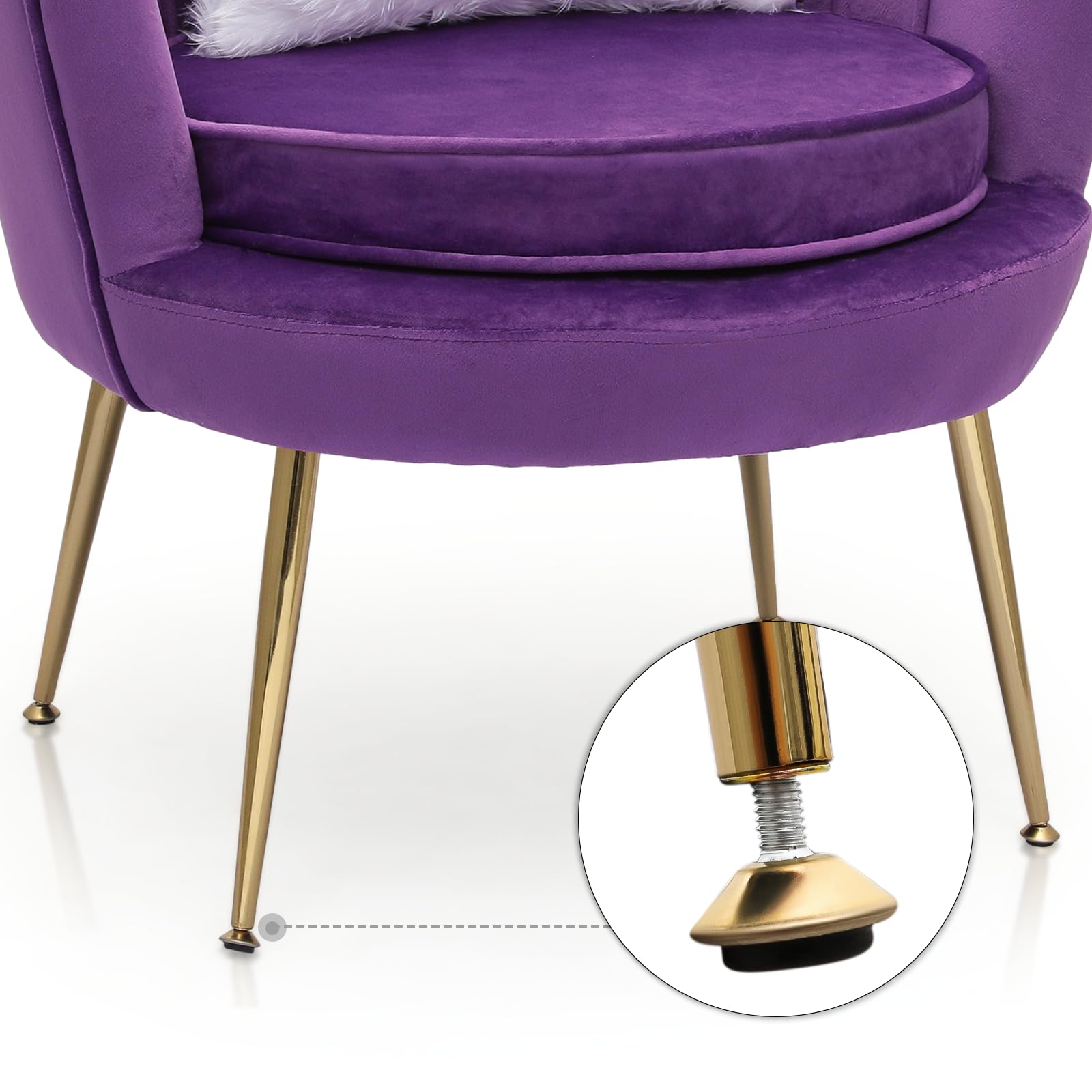 Magshion Velvet Vanity Chair with Backrest - Purple Accent Chair with Golden Legs, Scalloped Design & Soft Pillow - Upholstered Armchair with Footrest for Dressing Table, Bedroom, Living Room & Makeup Area
