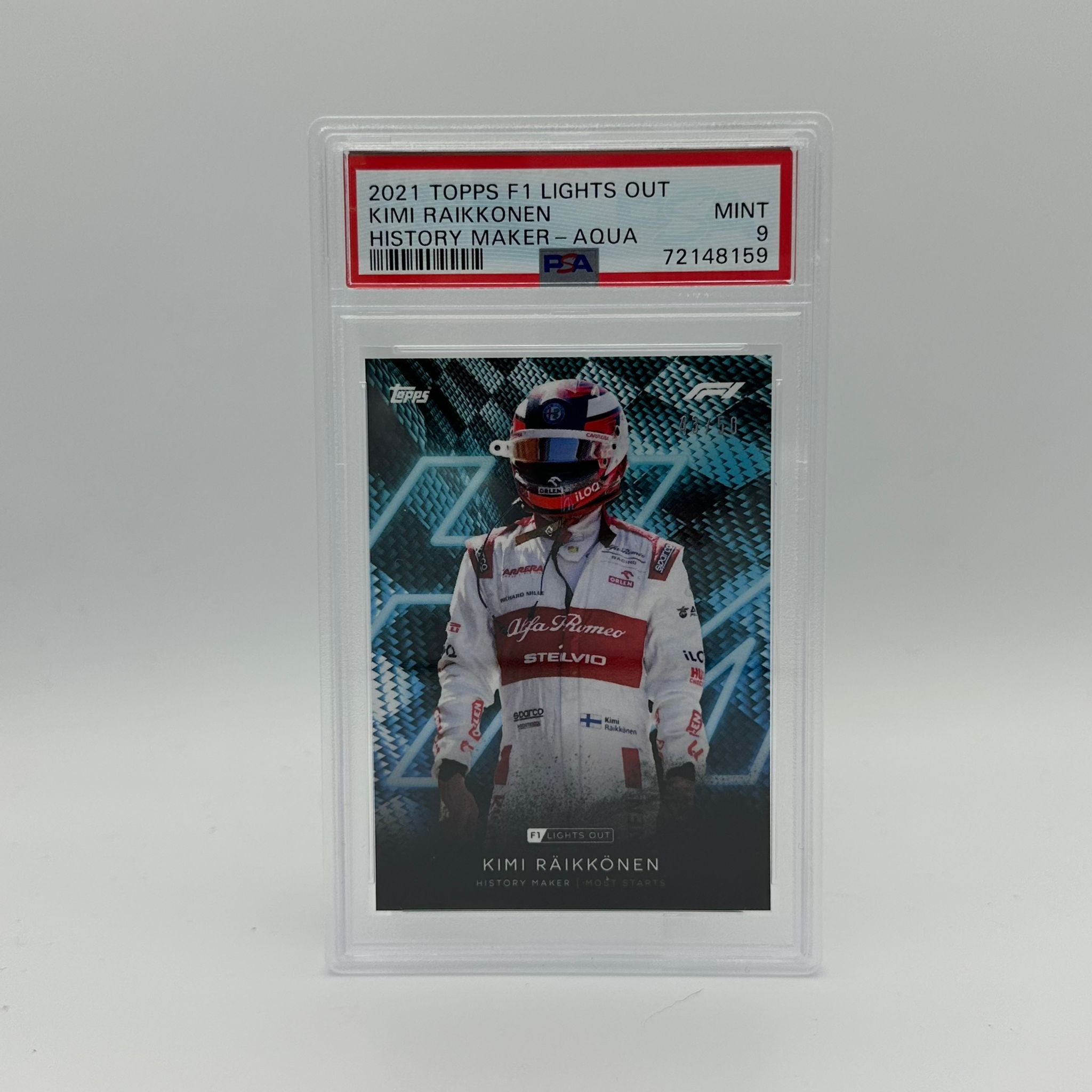PSA 9 Graded 43/50 Kimi Raikkonen History Maker Trading Card - Rare Collectible for F1 Fans & Sports Memorabilia Enthusiasts - Perfect for Display, Investment, and Gifting
