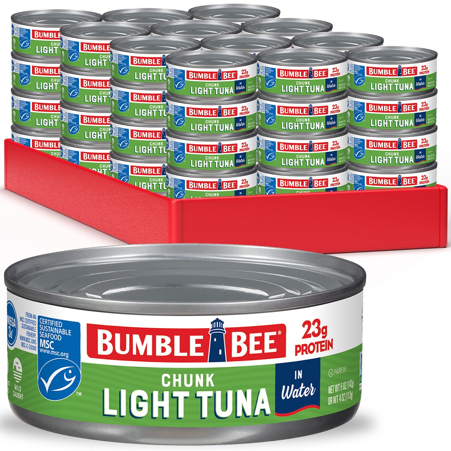Bumble Bee Chunk Light Tuna in Water, 5 oz Cans (Pack of 48) - Wild Caught Skipjack Tuna - High Protein (23g per Serving) - MSC Certified Sustainable Seafood - Non-GMO, Gluten Free, Kosher - Perfect for Salads, Sandwiches & Quick Meals