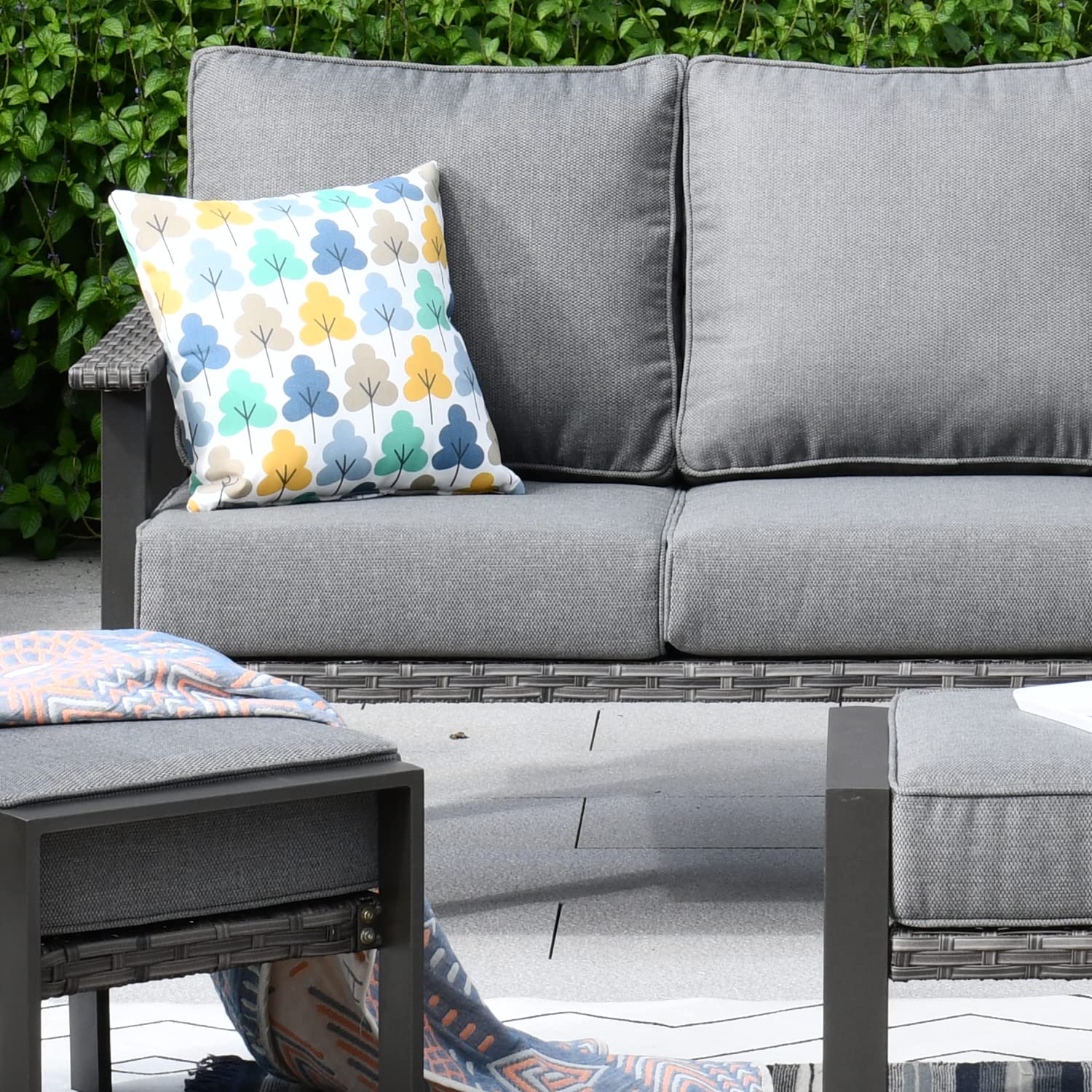 Ovios 3-Piece Patio Sofa Set with 2 Ottomans - Outdoor Wicker Rattan Couch with Comfortable Cushions - All-Weather High Back 3-Seater Sofa for Garden, Porch, or Backyard - Dark Grey