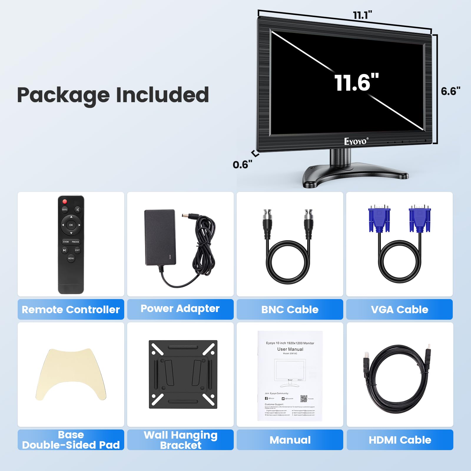 Eyoyo 12 Inch Small TV Monitor - 1366x768 HD Display with HDMI, VGA, BNC & AV Ports | 16:9 Mini Screen for PC, Laptop, Raspberry Pi, CCTV Security Camera | Perfect for Home Office, Gaming & Surveillance Systems