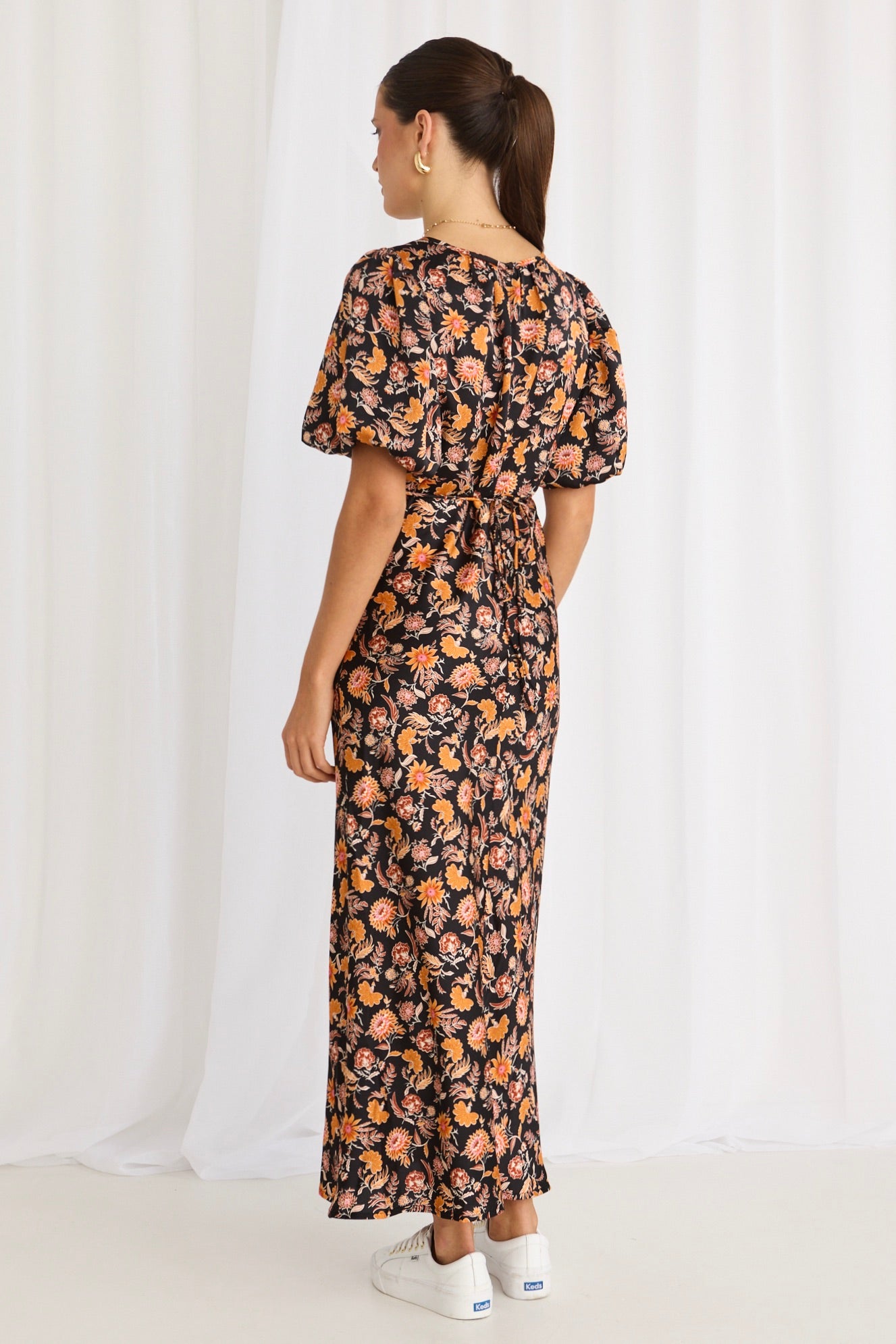 Astrid Black Floral Satin Puff Sleeve Bias Maxi Dress | Elegant Evening Gown for Women | Perfect for Weddings, Parties & Special Occasions