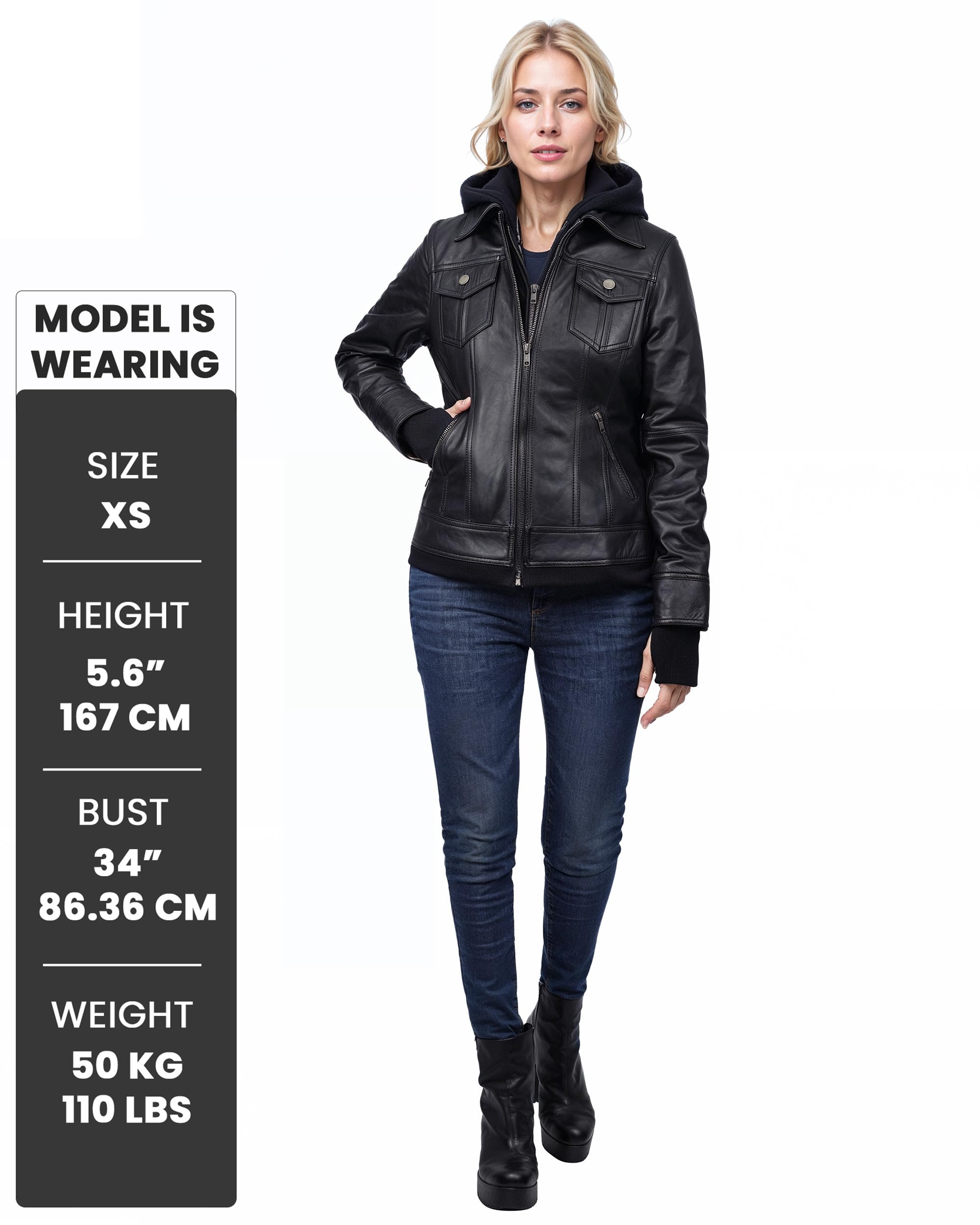 Decrum Women's Hooded Leather Jacket - Genuine Lambskin Biker Jacket with Detachable Hood | Stylish Outerwear for Motorcycle Riding, Night Out & Fall Fashion