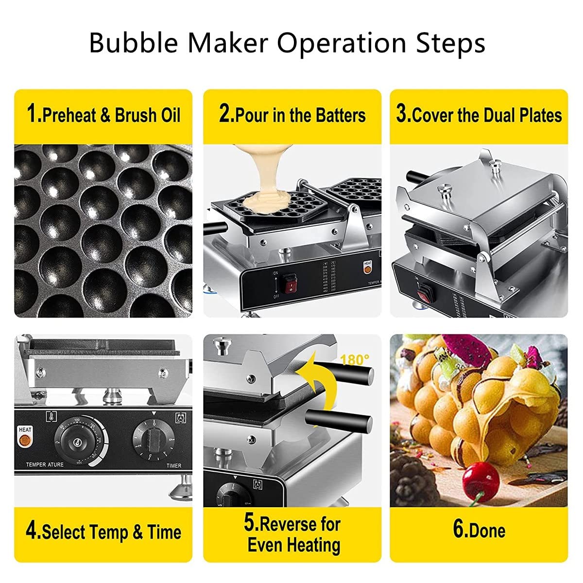 110V Commercial Bubble Waffle Maker - Electric Egg Waffle Machine with Reversible Double Pot & Non-Stick Teflon Coating (122-572°F) - Perfect for Bubble Waffles, Egg Puffs, Meringues - Ideal for Restaurants, Cafes, Food Trucks & Home Breakfast