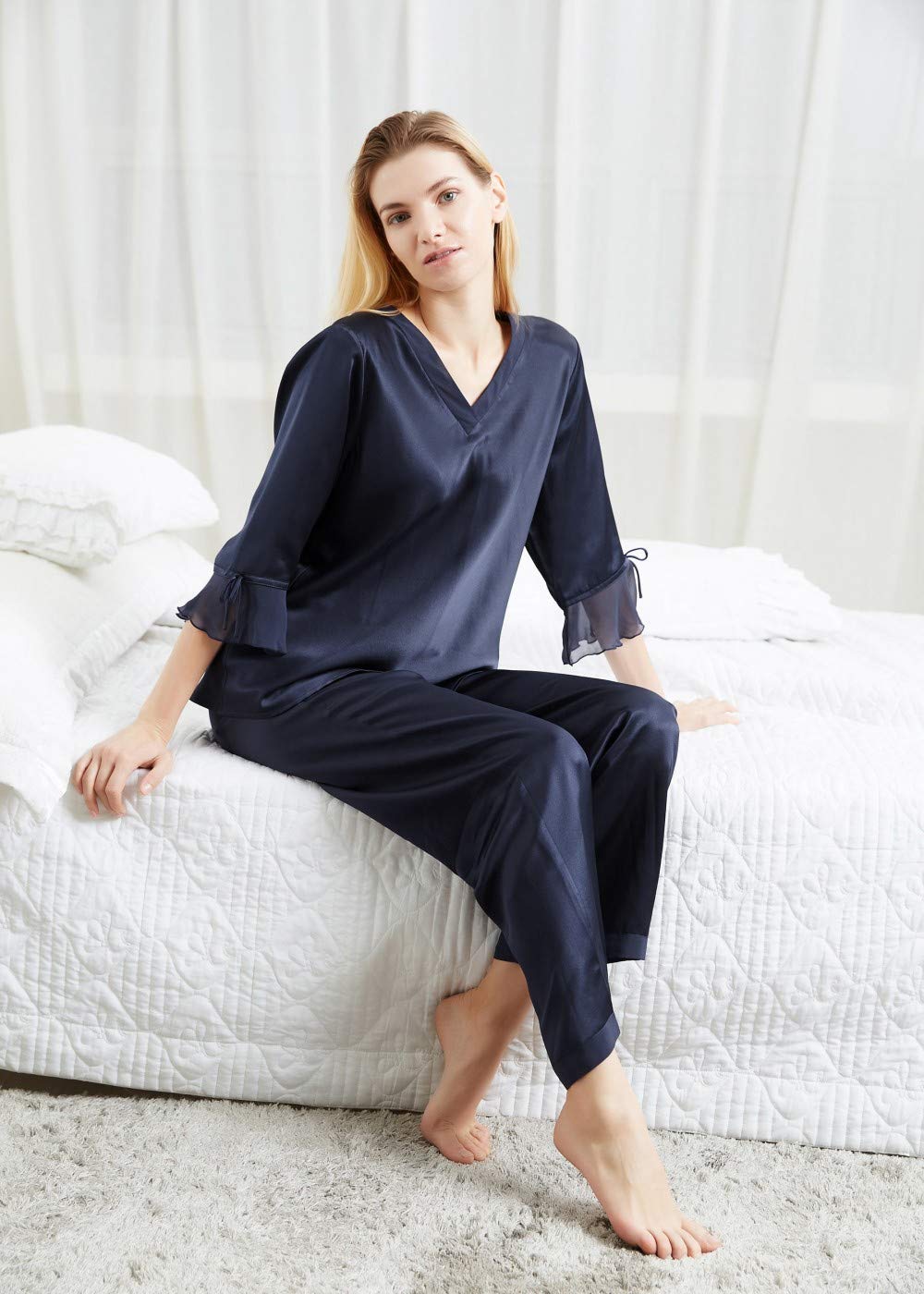 LilySilk 100% Mulberry Silk Pajama Set for Women - V-Neck 3/4 Sleeve Luxury Sleepwear | Soft & Breathable Silk Pajamas for Relaxation, Lounging & Gift Giving