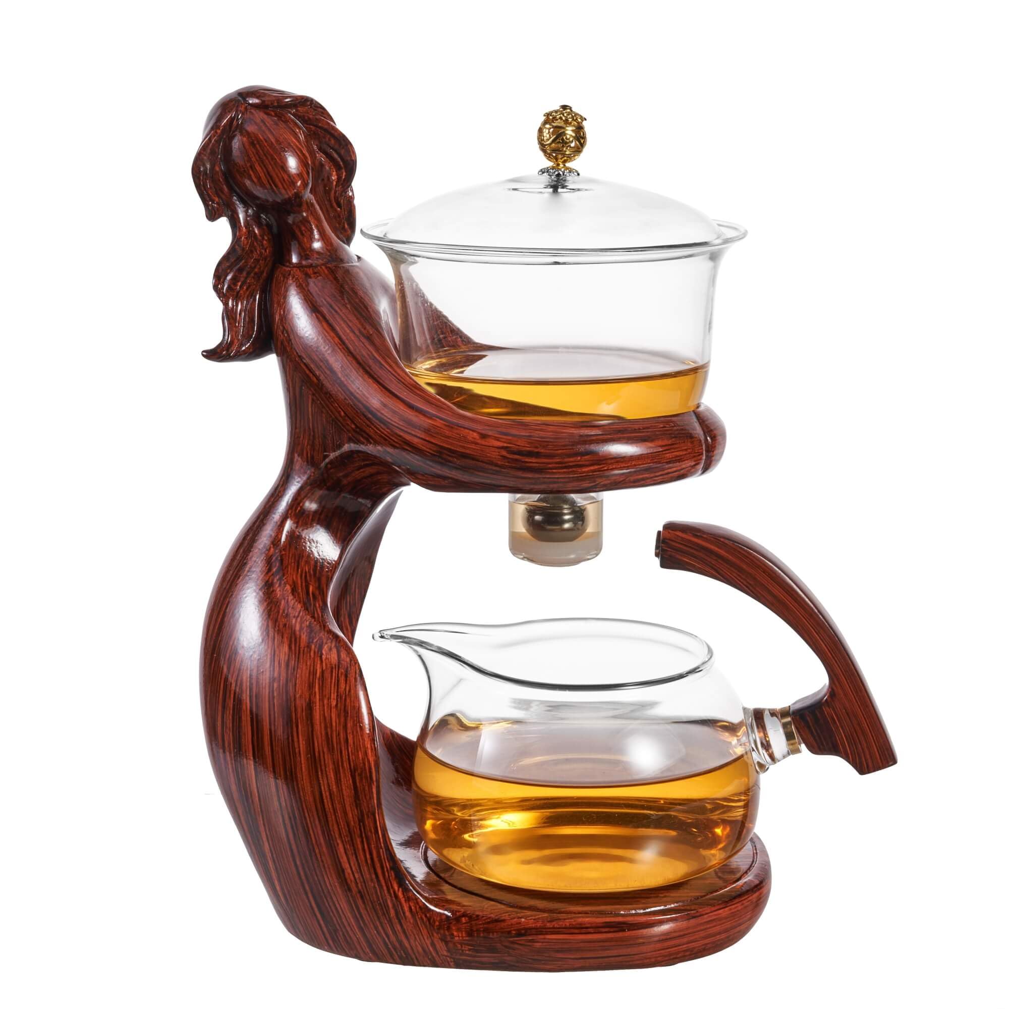 Premium Glass Kungfu Teapot Set with Infuser - Semi Automatic Tea Brewing Kit with 6 Small Cups (Red) - Perfect for Chinese Tea Ceremony, Home Tea Party & Gift Giving