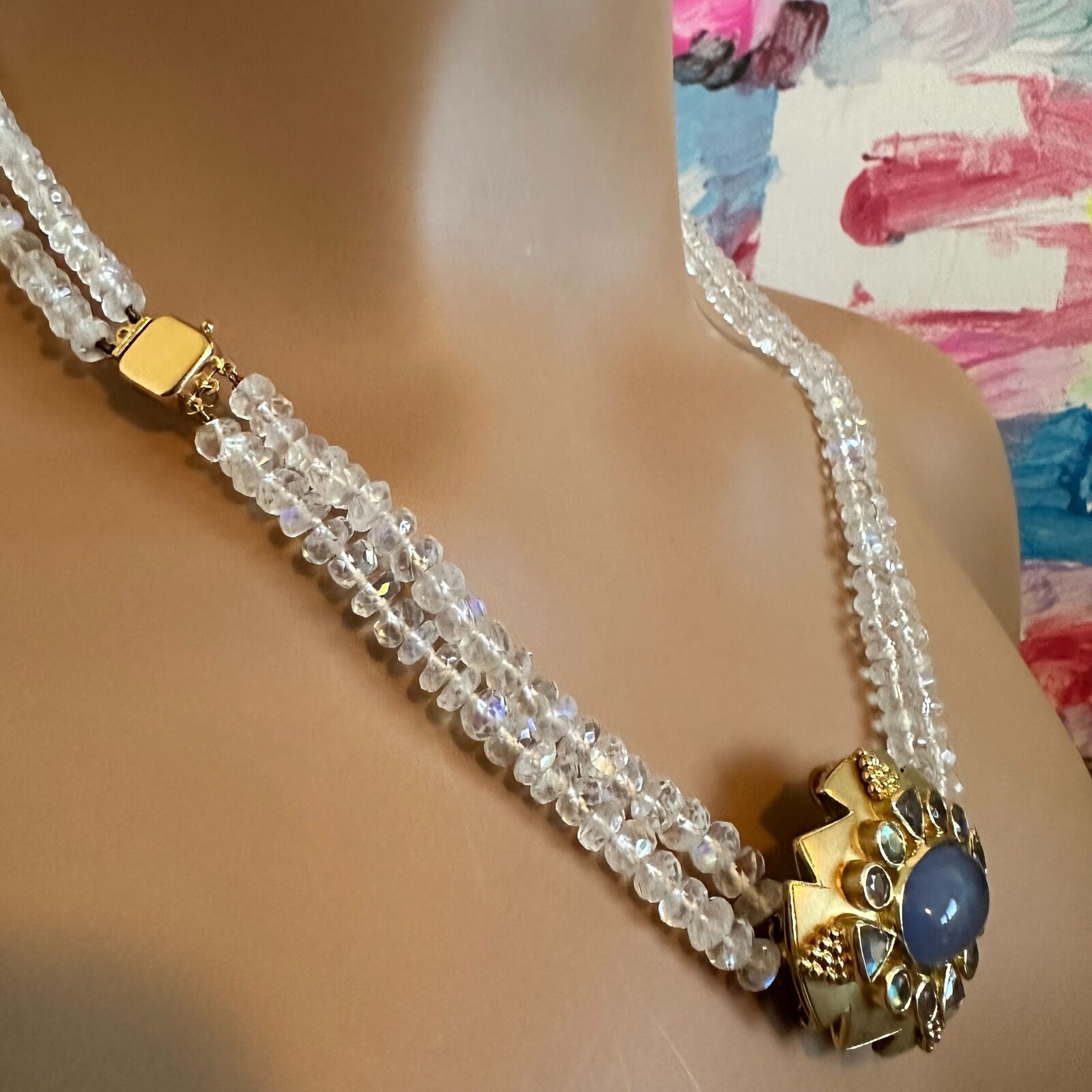 Paula Crevoshay 18k Gold Moonstone Chalcedony Jewelry Set - Brooch, Bracelet & Necklace OOAK for Special Occasions & Luxury Gifts