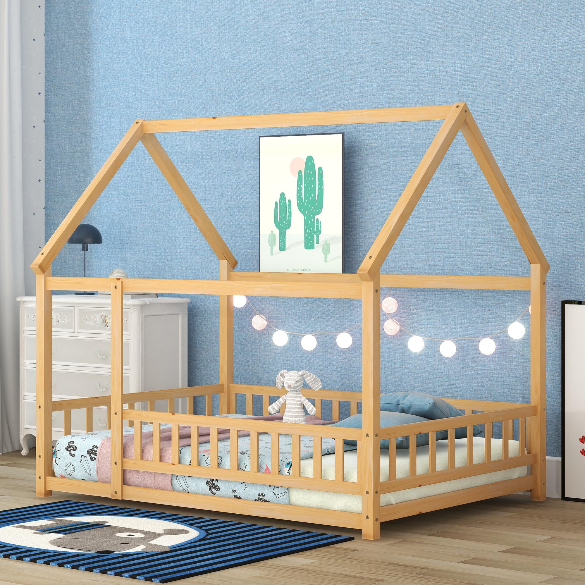Bellemave Solid Wood Montessori Floor Bed with Fence & Roof - Full Size House Bed Frame for Kids, Girls & Boys - Natural Wood Playhouse Bed for Bedroom, Nursery & Playroom